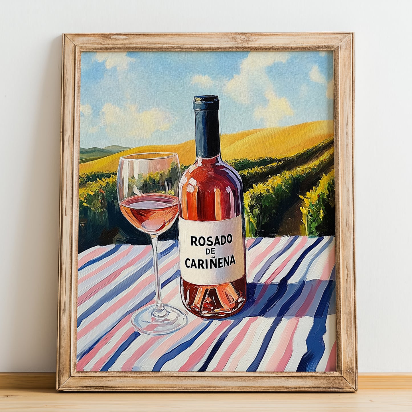 Rosado de Cariñena – Spanish Rose Wine, Wine Bar Poster, no-text version framed in wood