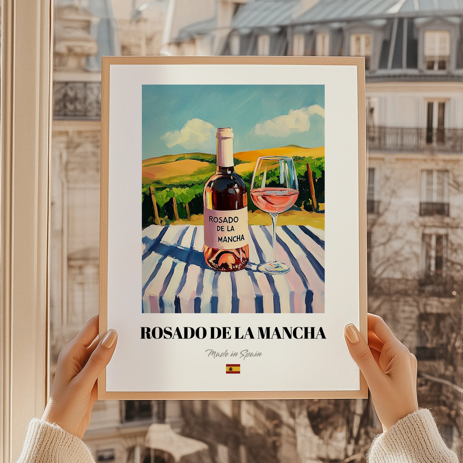 Rosado de La Mancha – Spanish Rose Wine, Vinoteca Illustration, styled in a charming Paris street view