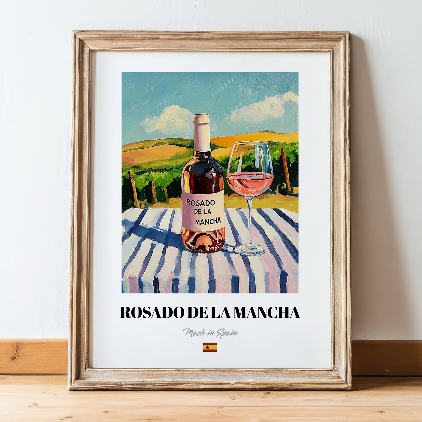 Rosado de La Mancha – Spanish Rose Wine, Vinoteca Illustration, in wooden frame leaning on the floor