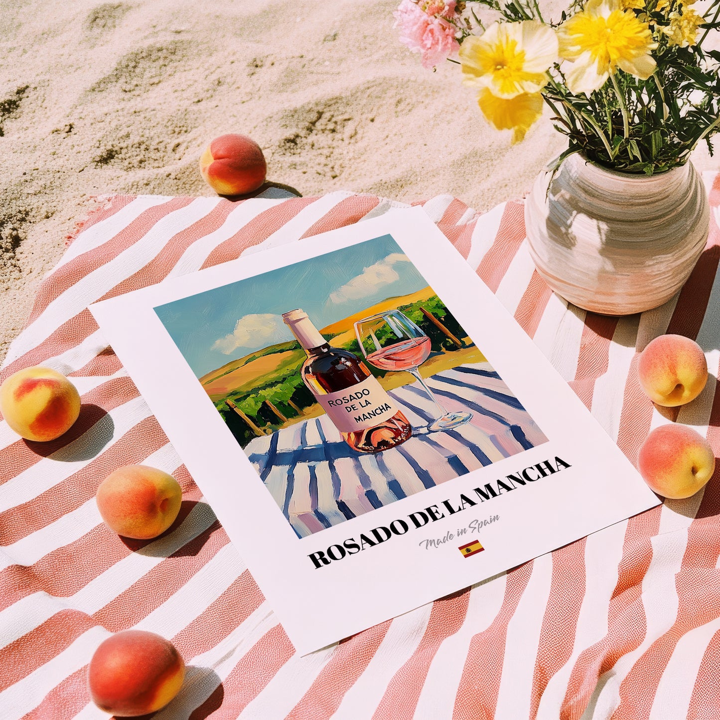 Rosado de La Mancha – Spanish Rose Wine, Vinoteca Illustration, unframed on coastal sand