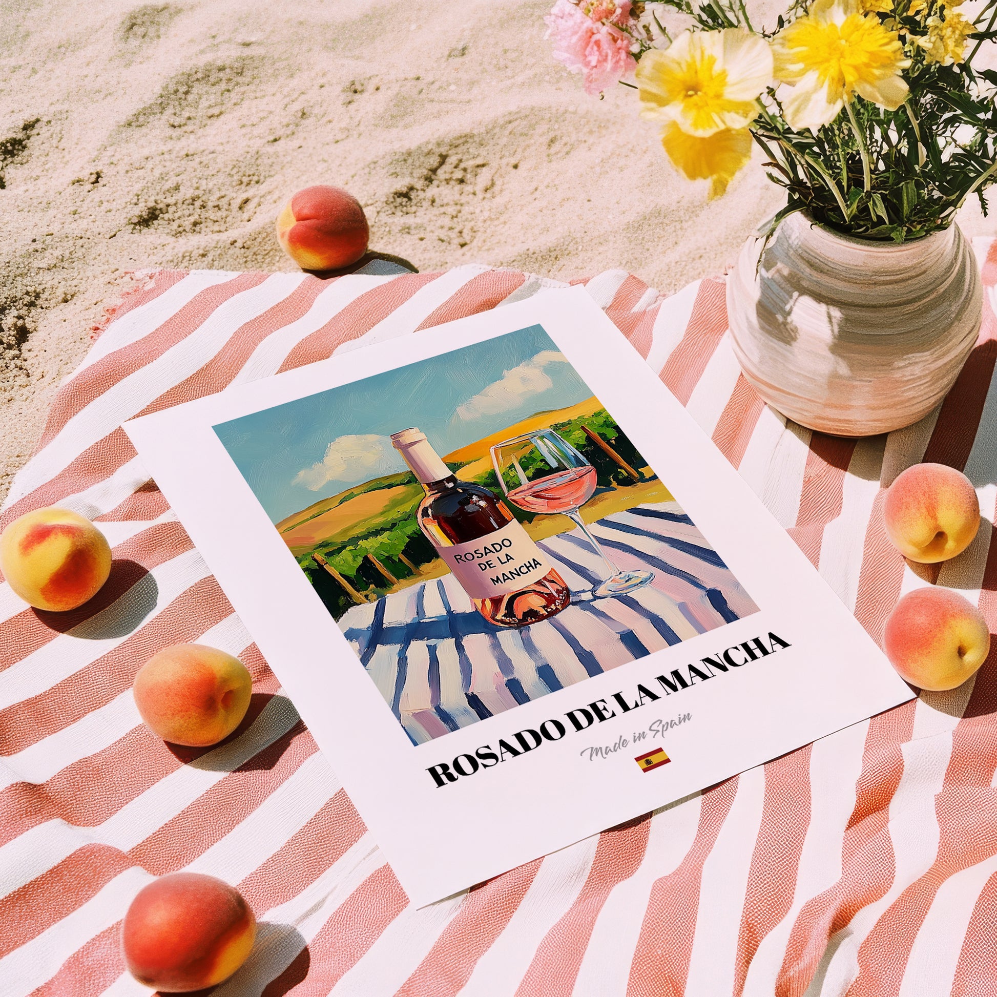 Rosado de La Mancha – Spanish Rose Wine, Vinoteca Illustration, unframed on coastal sand