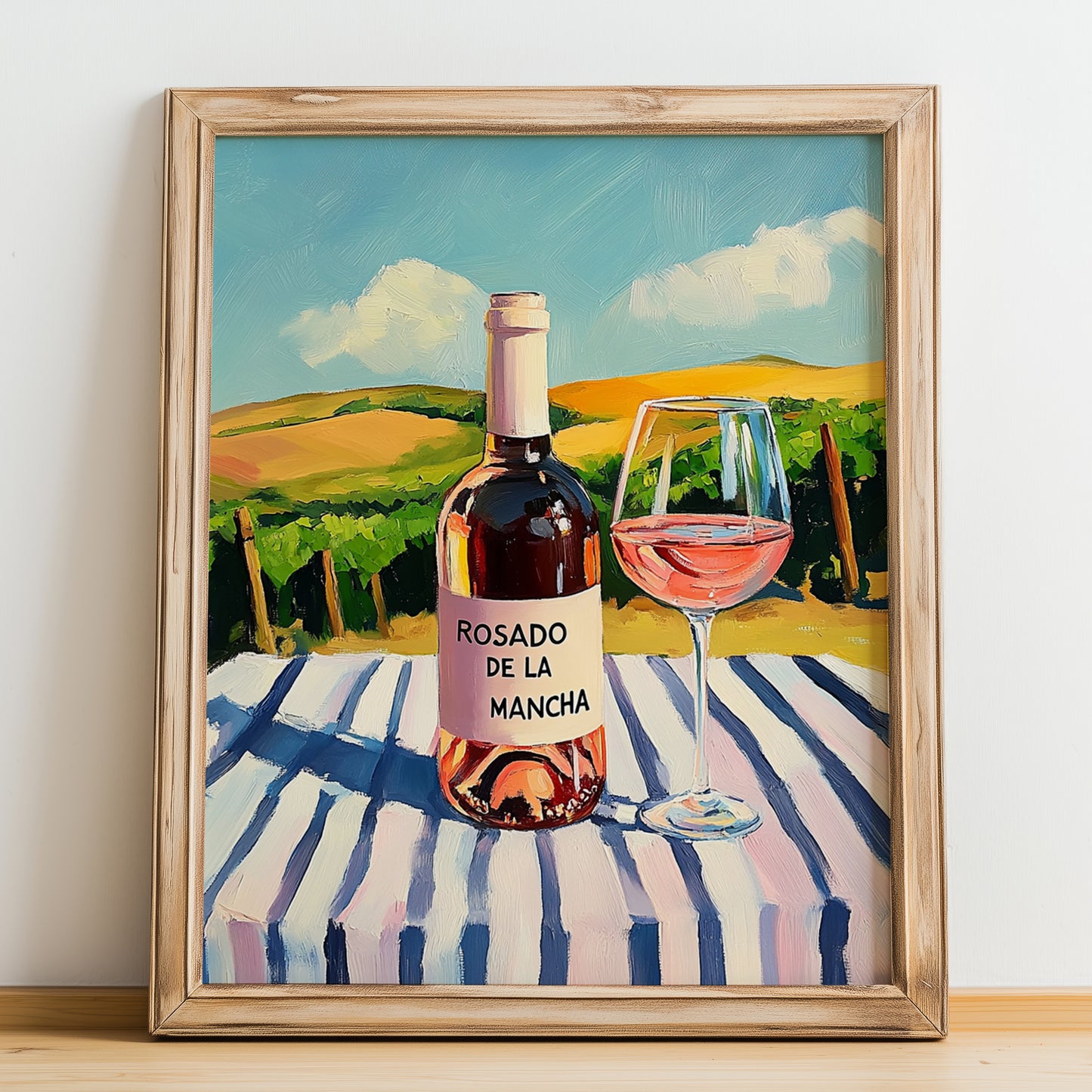 Rosado de La Mancha – Spanish Rose Wine, Vinoteca Illustration, no-text version framed in wood