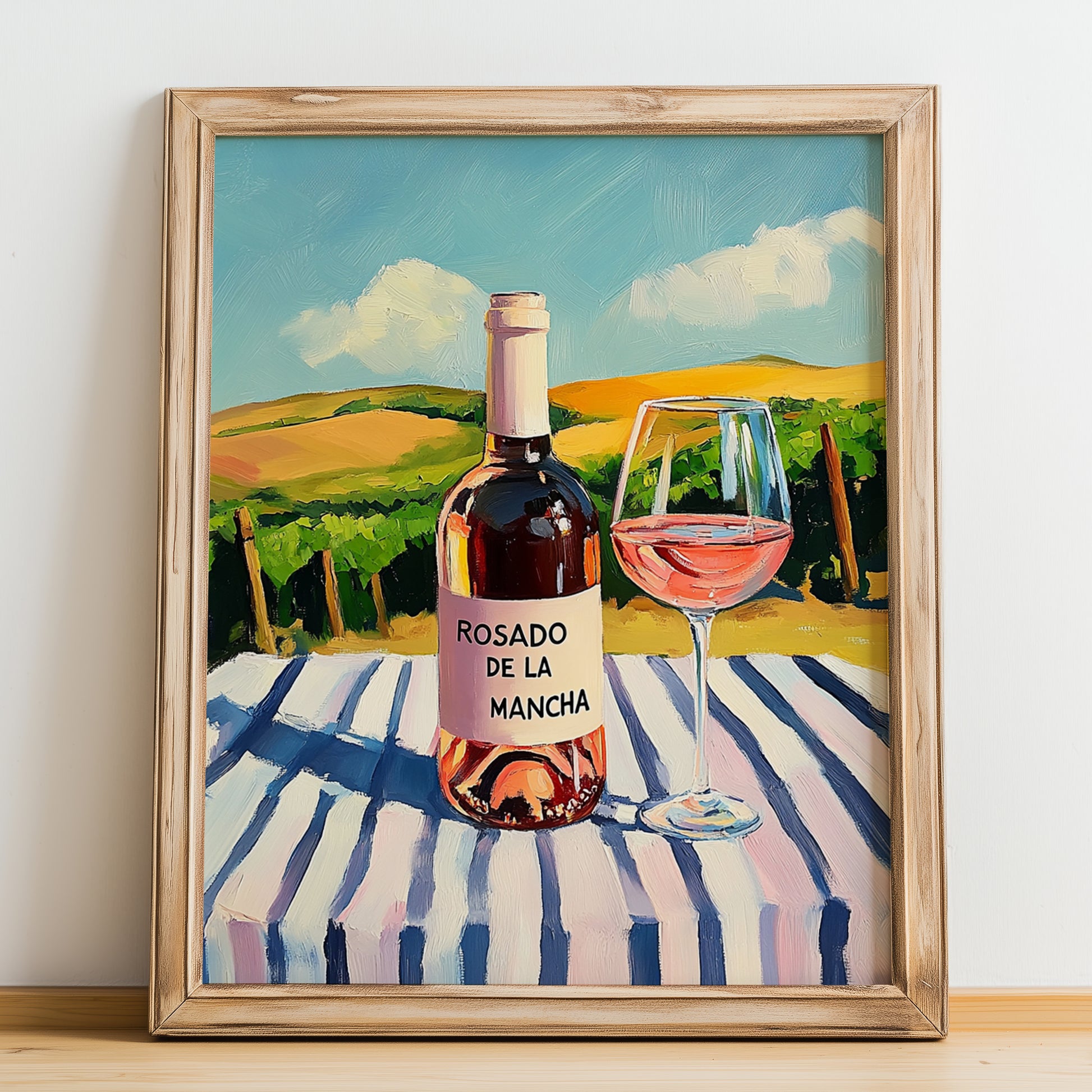 Rosado de La Mancha – Spanish Rose Wine, Vinoteca Illustration, no-text version framed in wood