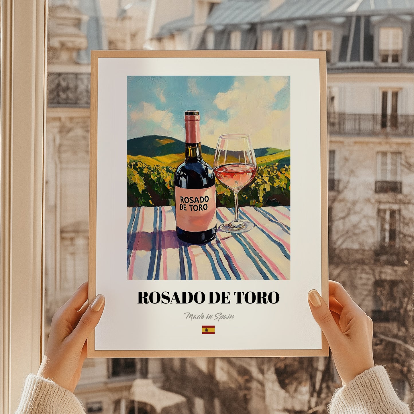 Rosado de Toro – Spanish Rose Wine, Tasting Room Print, styled in a charming Paris street view