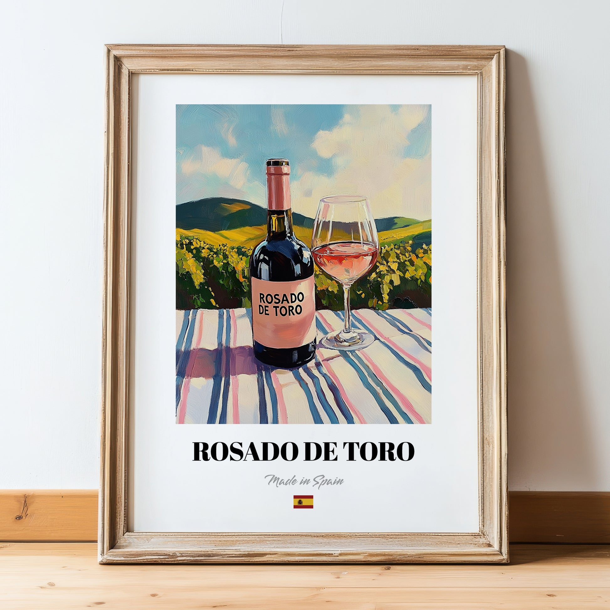 Rosado de Toro – Spanish Rose Wine, Tasting Room Print, in wooden frame leaning on the floor