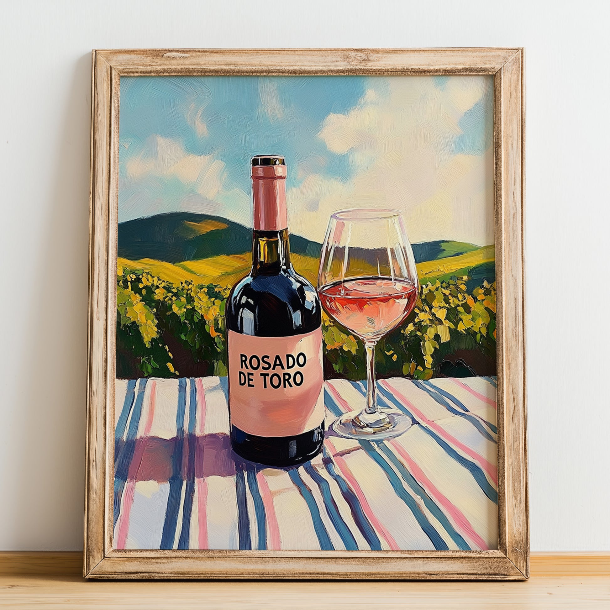 Rosado de Toro – Spanish Rose Wine, Tasting Room Print, no-text version framed in wood
