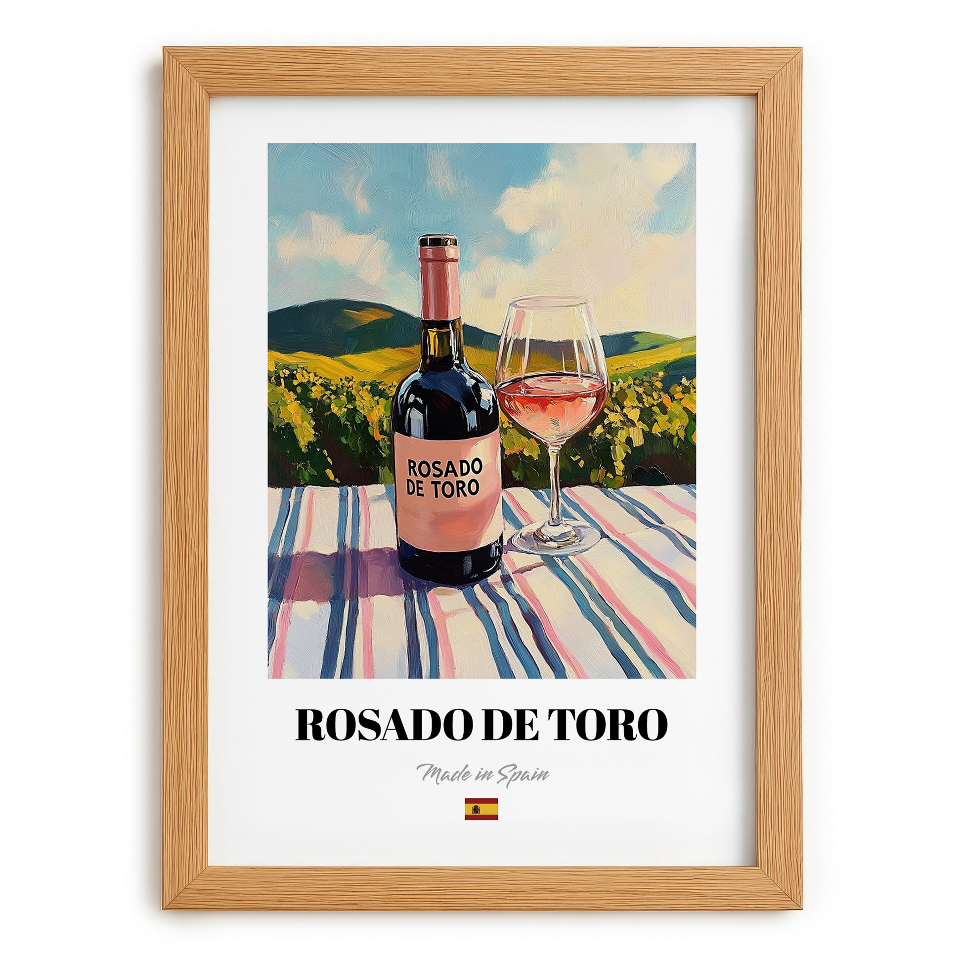 Rosado de Toro – Spanish Rose Wine, Tasting Room Print, set in oak frame
