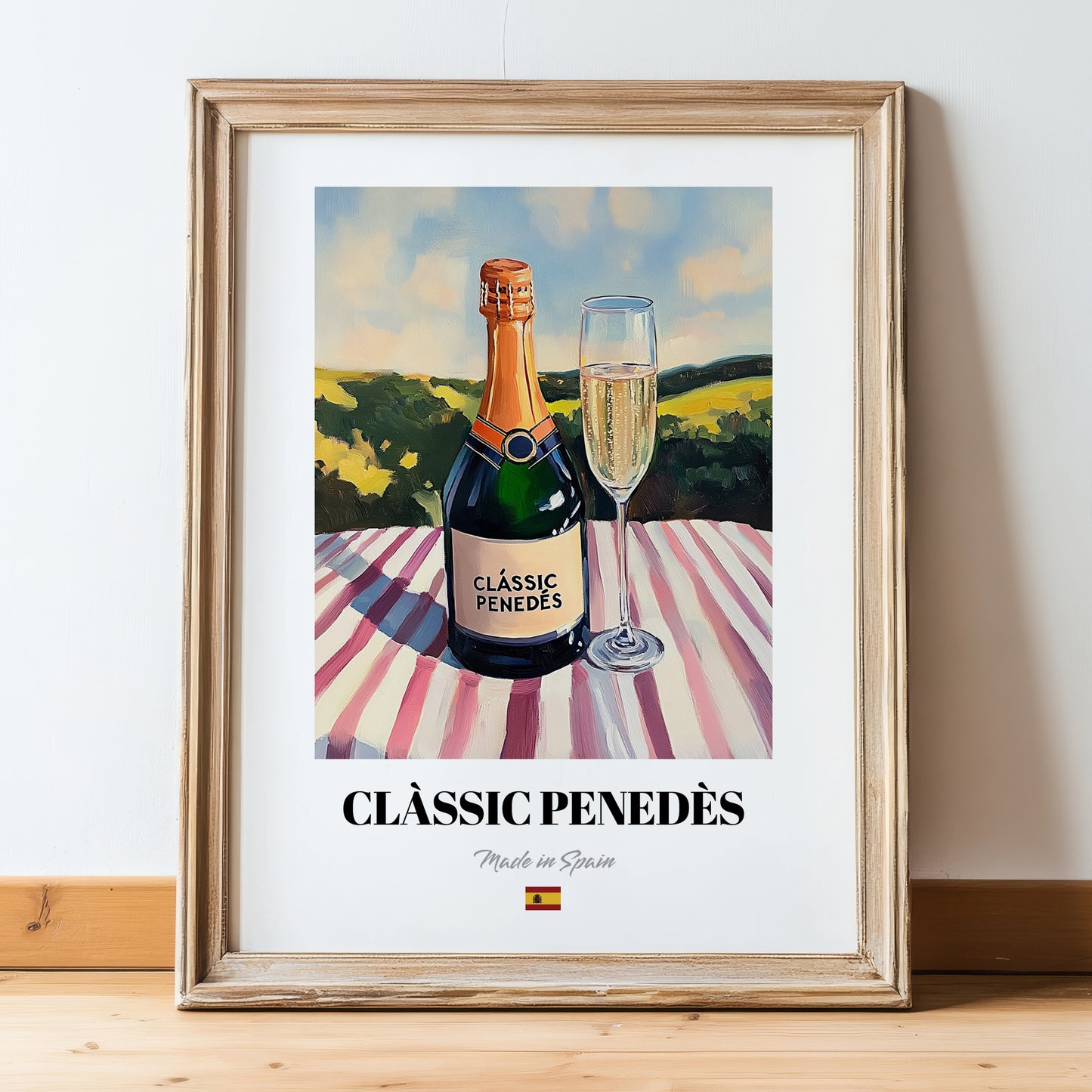 Clàssic Penedès – Spanish Sparkling Wine, Bodega Wall Decor, in wooden frame leaning on the floor