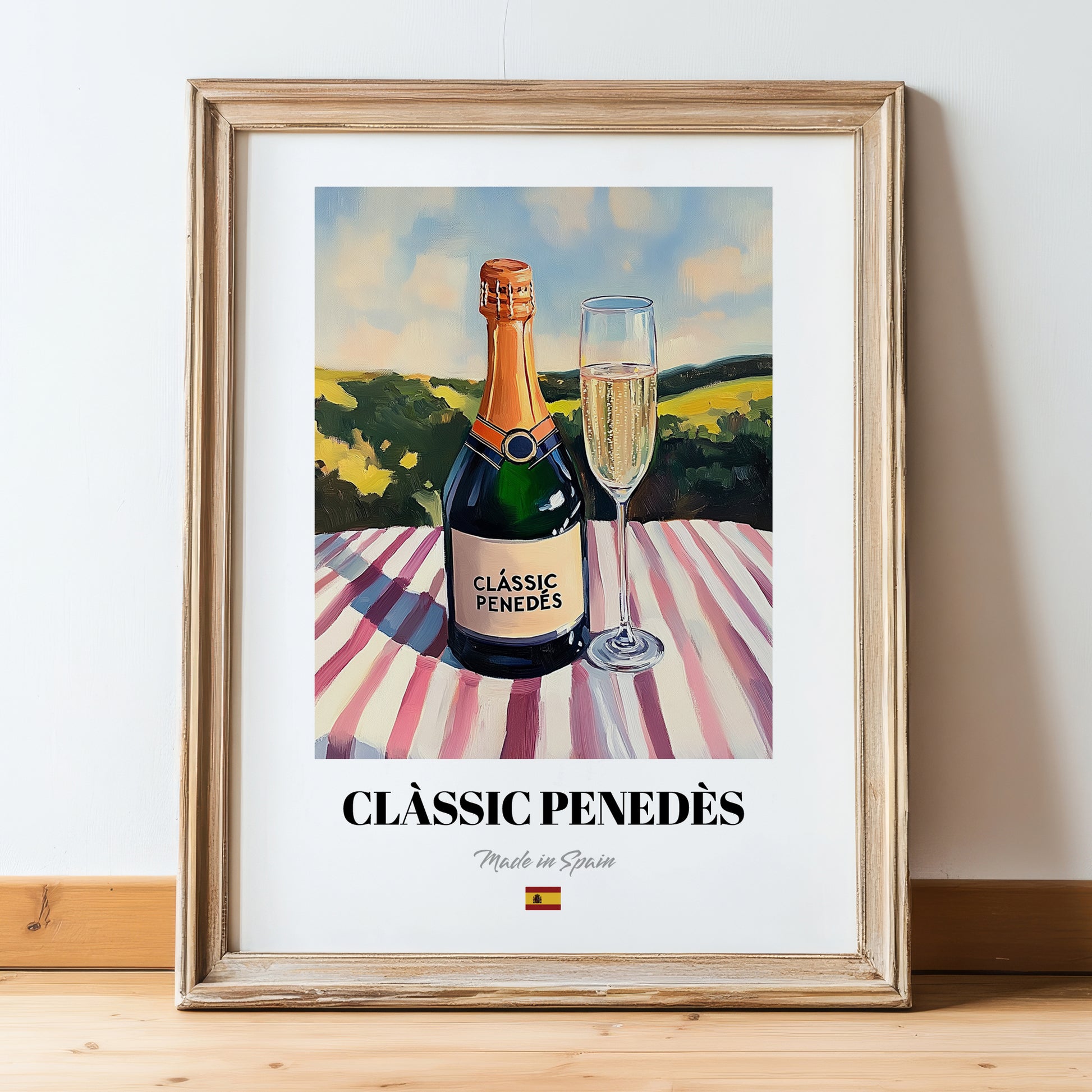Clàssic Penedès – Spanish Sparkling Wine, Bodega Wall Decor, in wooden frame leaning on the floor