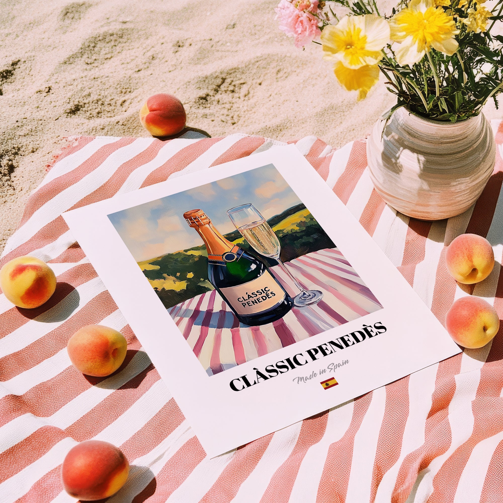 Clàssic Penedès – Spanish Sparkling Wine, Bodega Wall Decor, unframed on coastal sand