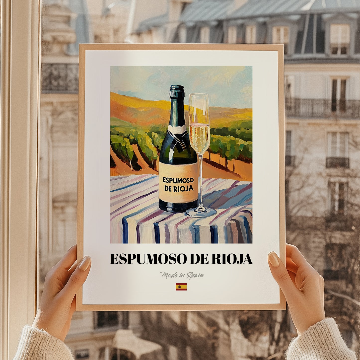 Espumoso de Rioja – Spanish Sparkling Wine, Vinoteca Illustration, styled in a charming Paris street view