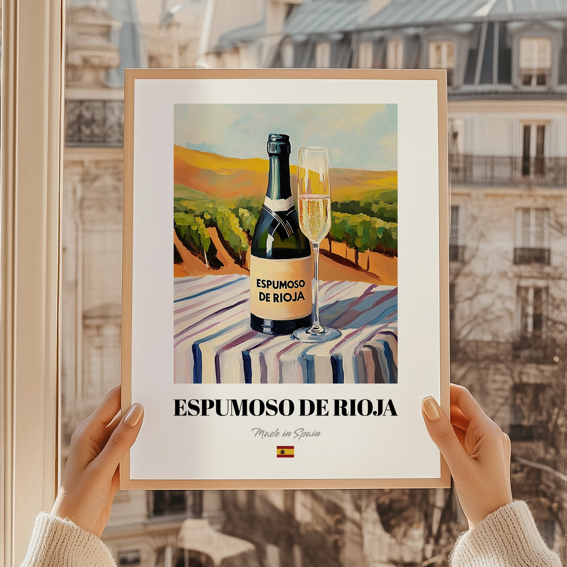 Espumoso de Rioja – Spanish Sparkling Wine, Vinoteca Illustration, styled in a charming Paris street view