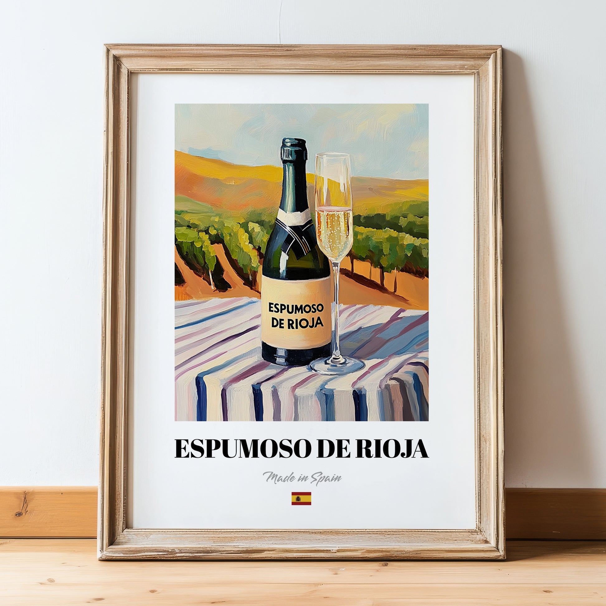 Espumoso de Rioja – Spanish Sparkling Wine, Vinoteca Illustration, in wooden frame leaning on the floor
