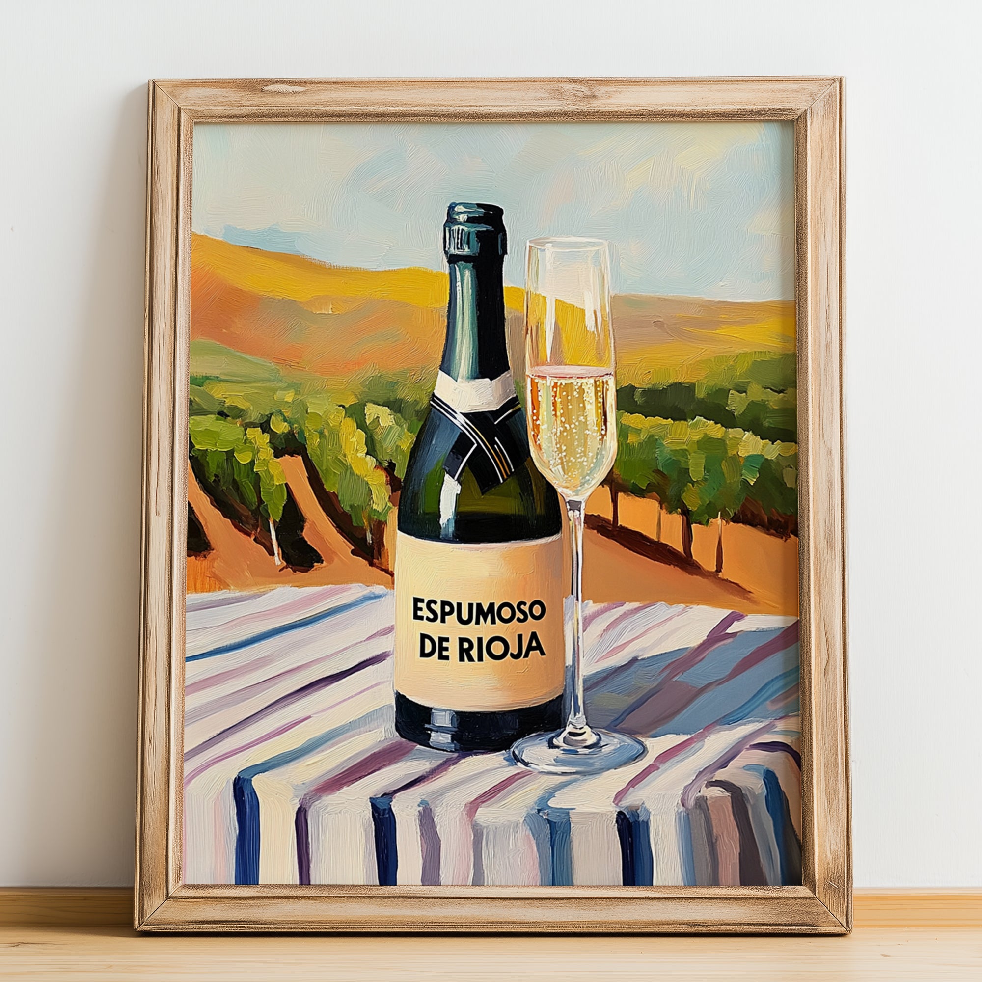 Espumoso de Rioja – Spanish Sparkling Wine, Vinoteca Illustration, no-text version framed in wood