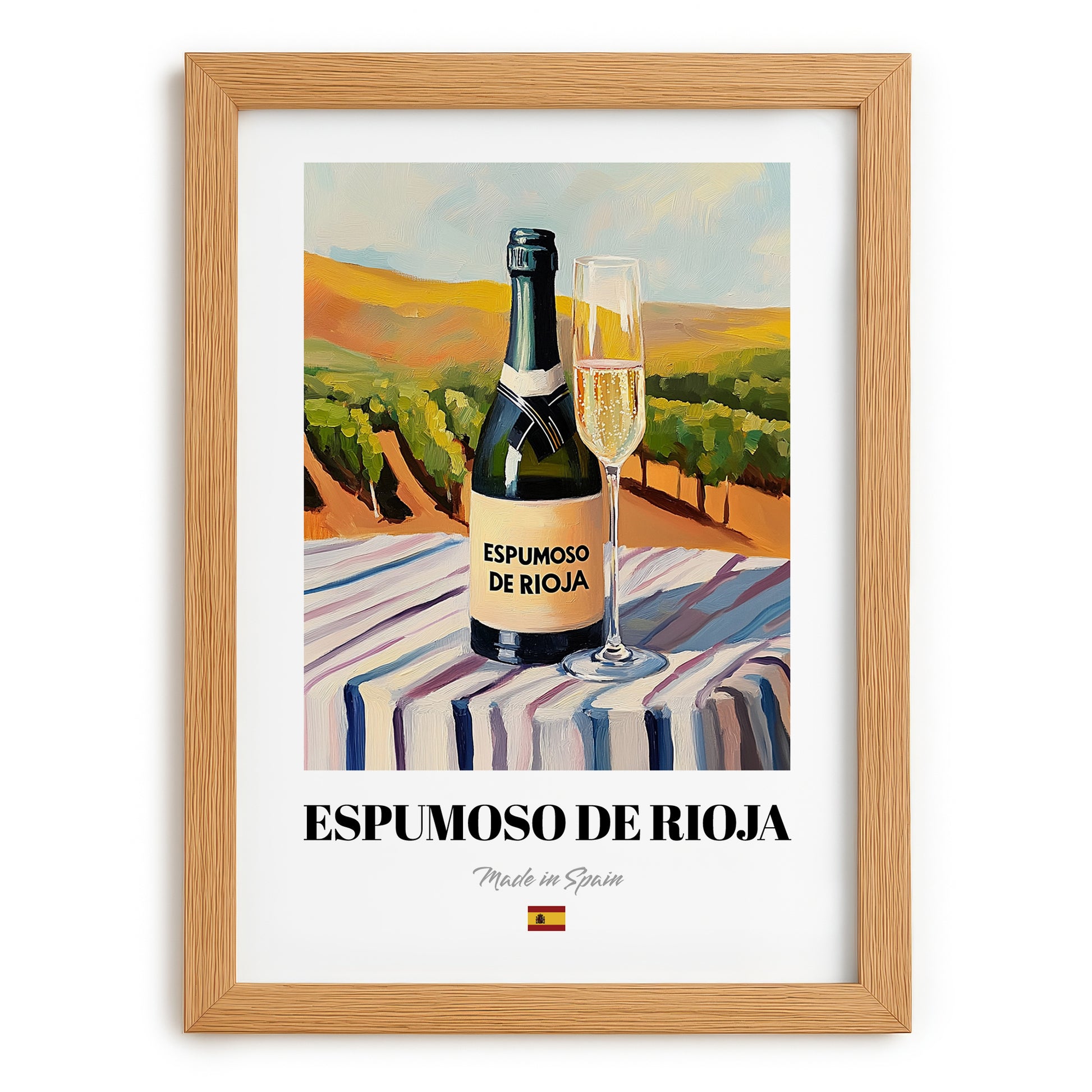 Espumoso de Rioja – Spanish Sparkling Wine, Vinoteca Illustration, set in oak frame