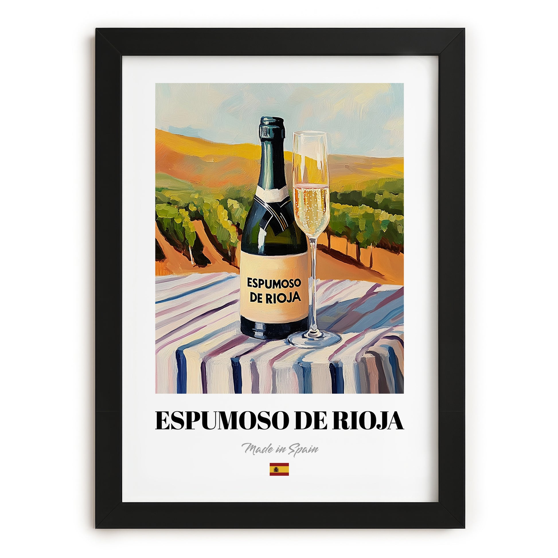 Espumoso de Rioja – Spanish Sparkling Wine, Vinoteca Illustration, in sleek black frame