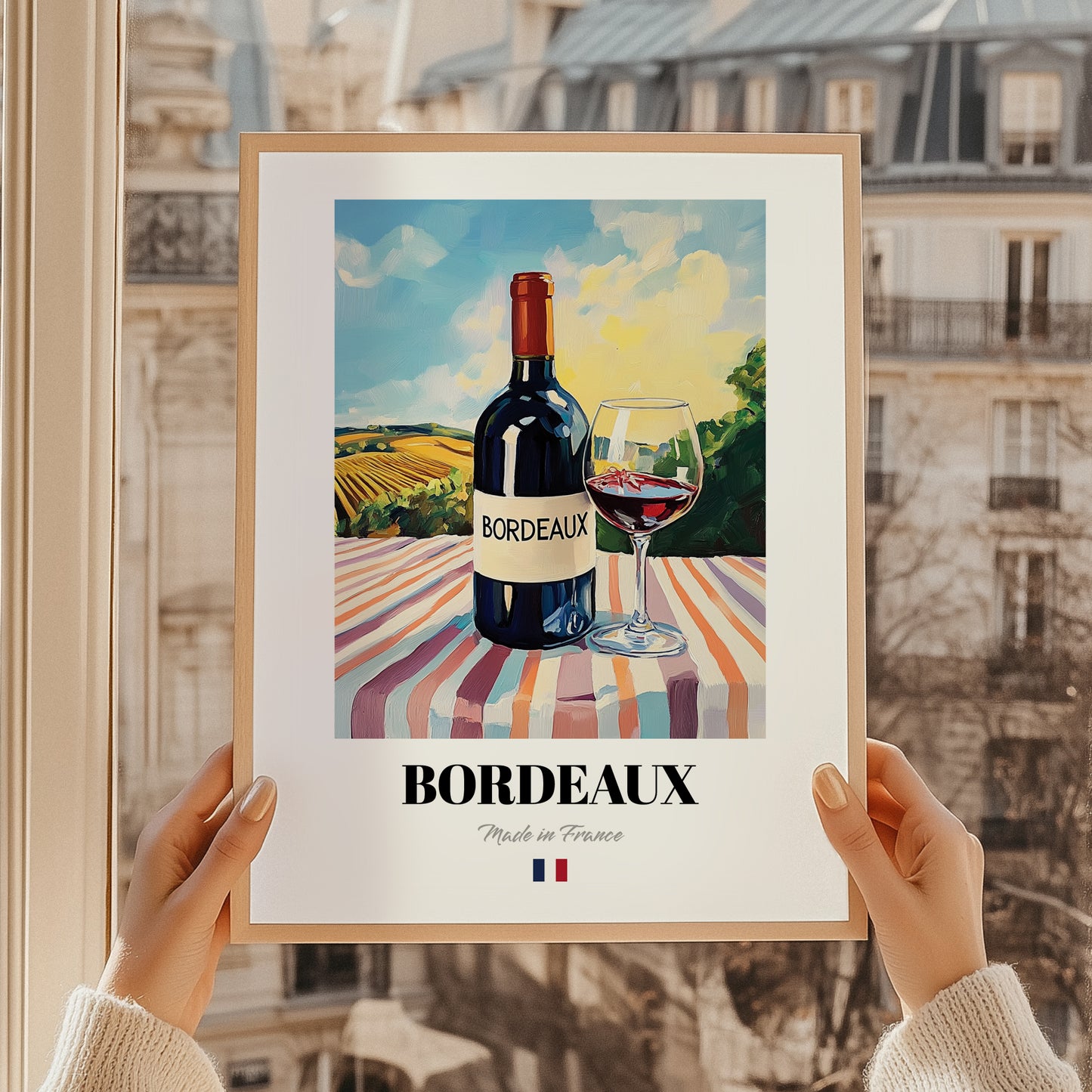 Bordeaux – French Red Wine, Wine Bar Poster, styled in a charming Paris street view