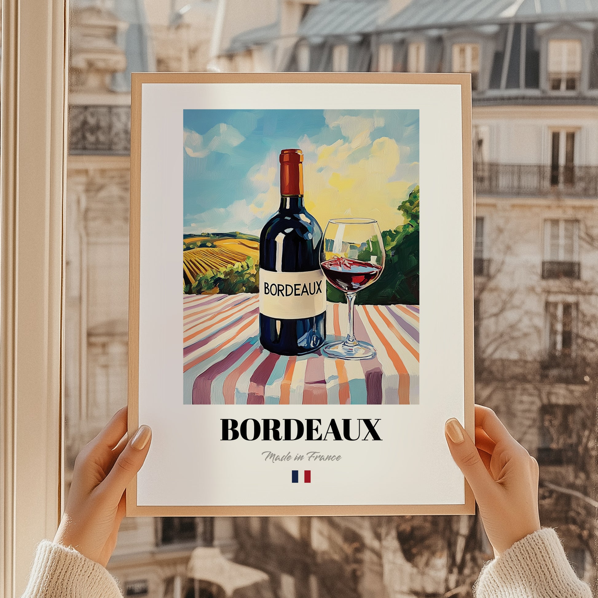 Bordeaux – French Red Wine, Wine Bar Poster, styled in a charming Paris street view