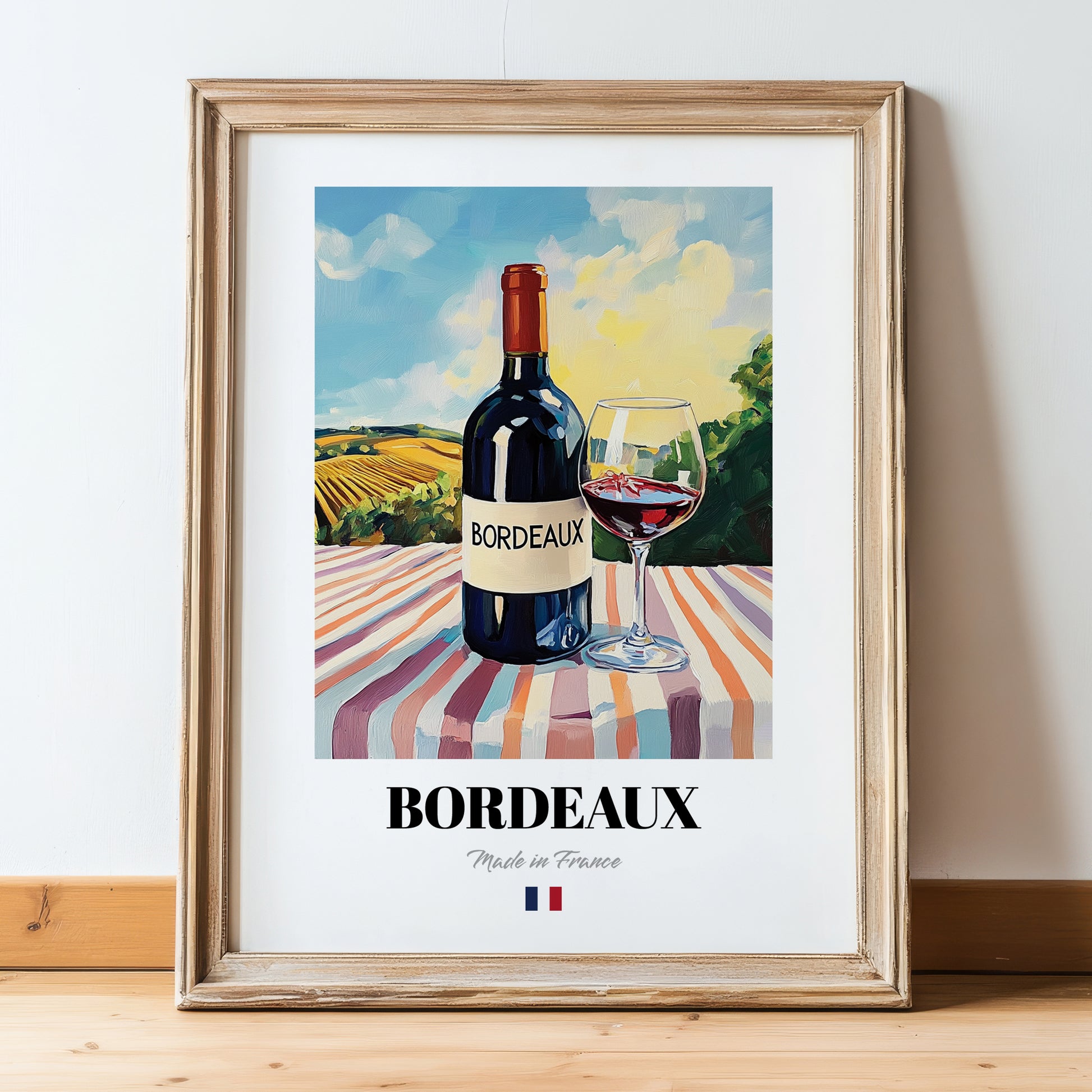 Bordeaux – French Red Wine, Wine Bar Poster, in wooden frame leaning on the floor