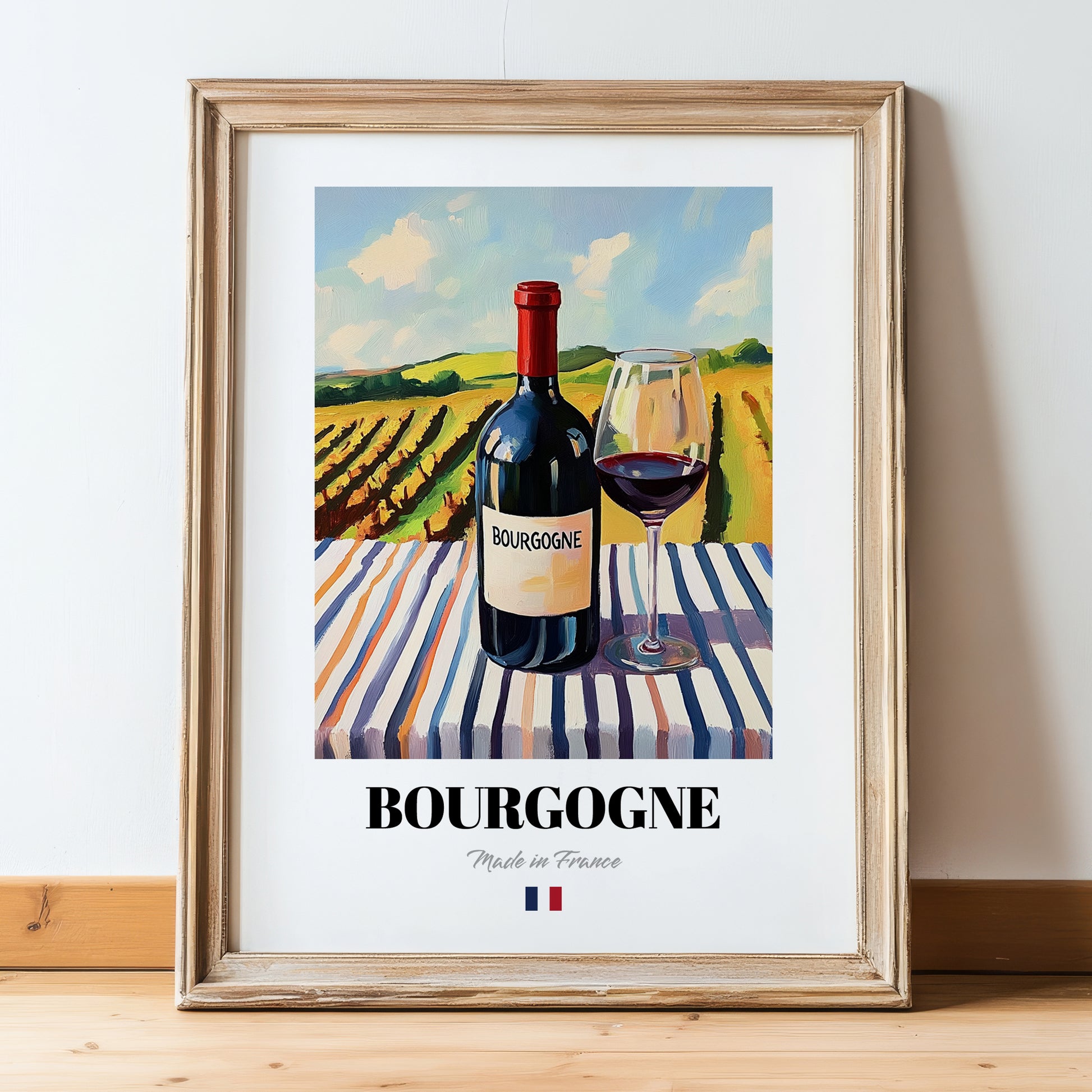 Bourgogne – French Red Wine, Vinoteca Print, in wooden frame leaning on the floor