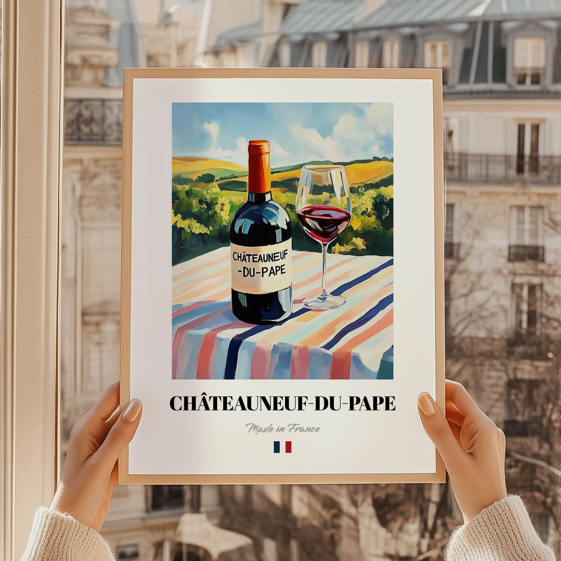 Châteauneuf-du-Pape – French Red Wine, Wine Bar Print, styled in a charming Paris street view