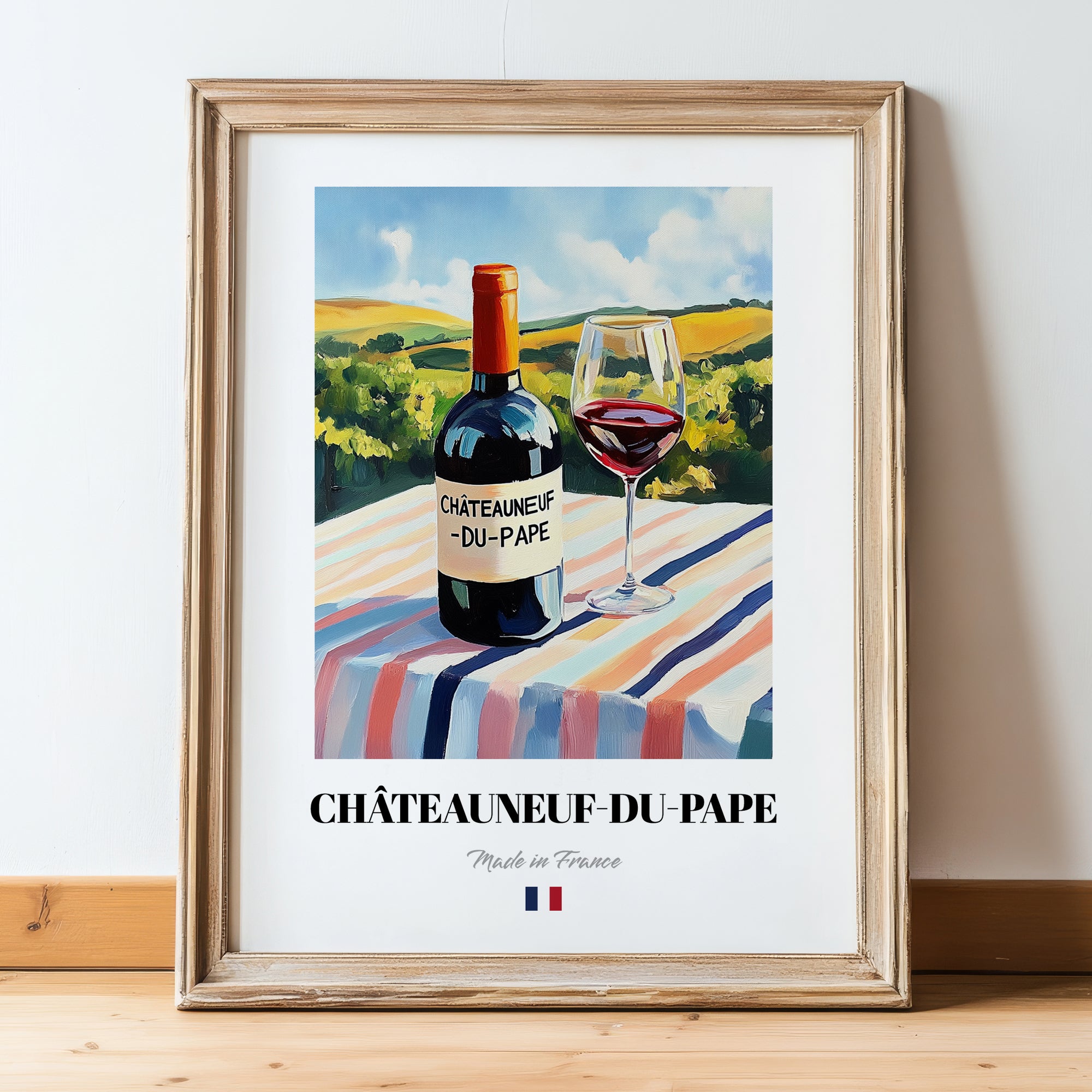Châteauneuf-du-Pape – French Red Wine, Wine Bar Print, in wooden frame leaning on the floor