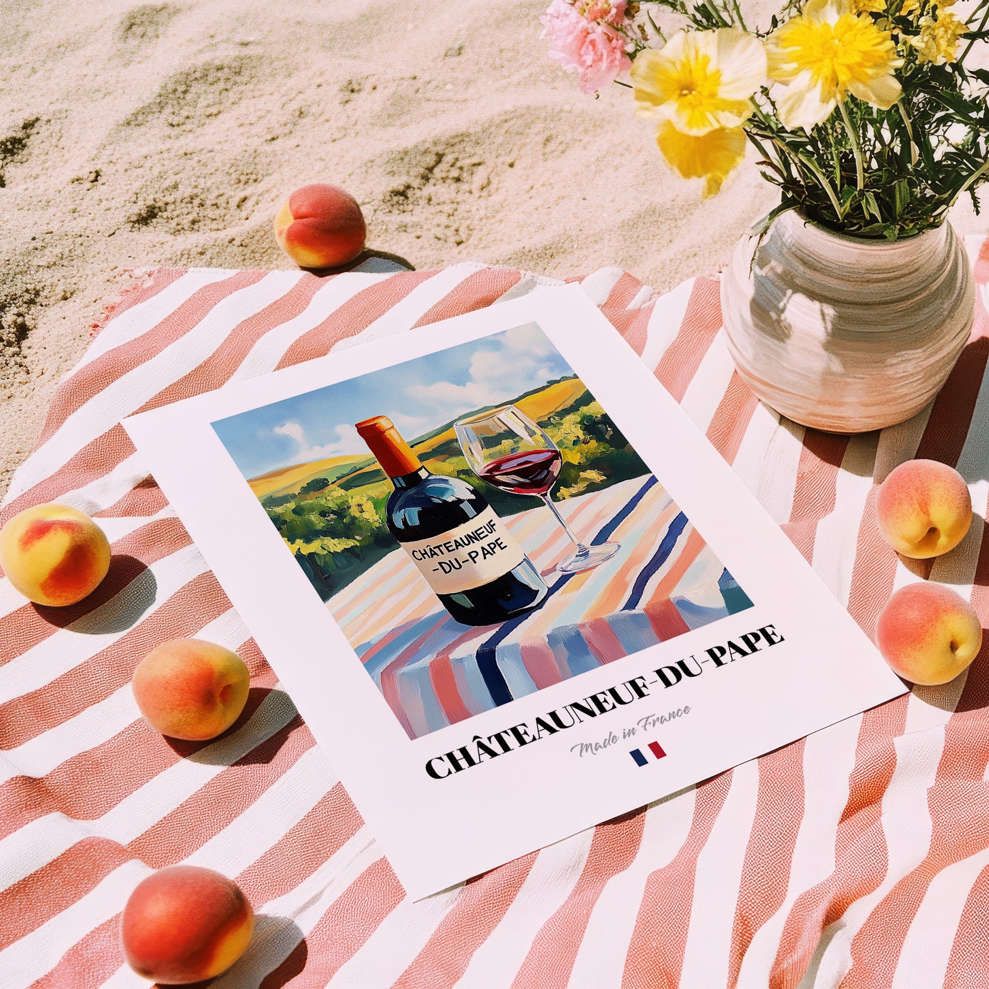 Châteauneuf-du-Pape – French Red Wine, Wine Bar Print, unframed on coastal sand