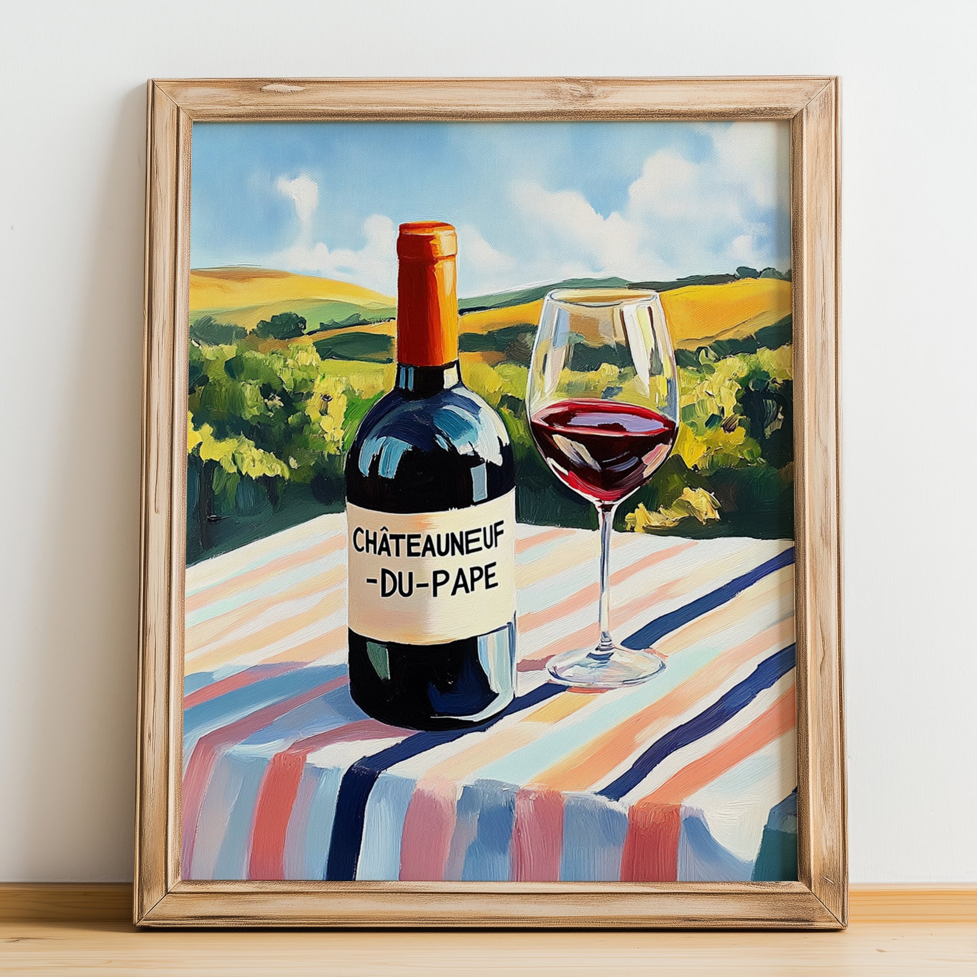 Châteauneuf-du-Pape – French Red Wine, Wine Bar Print, no-text version framed in wood