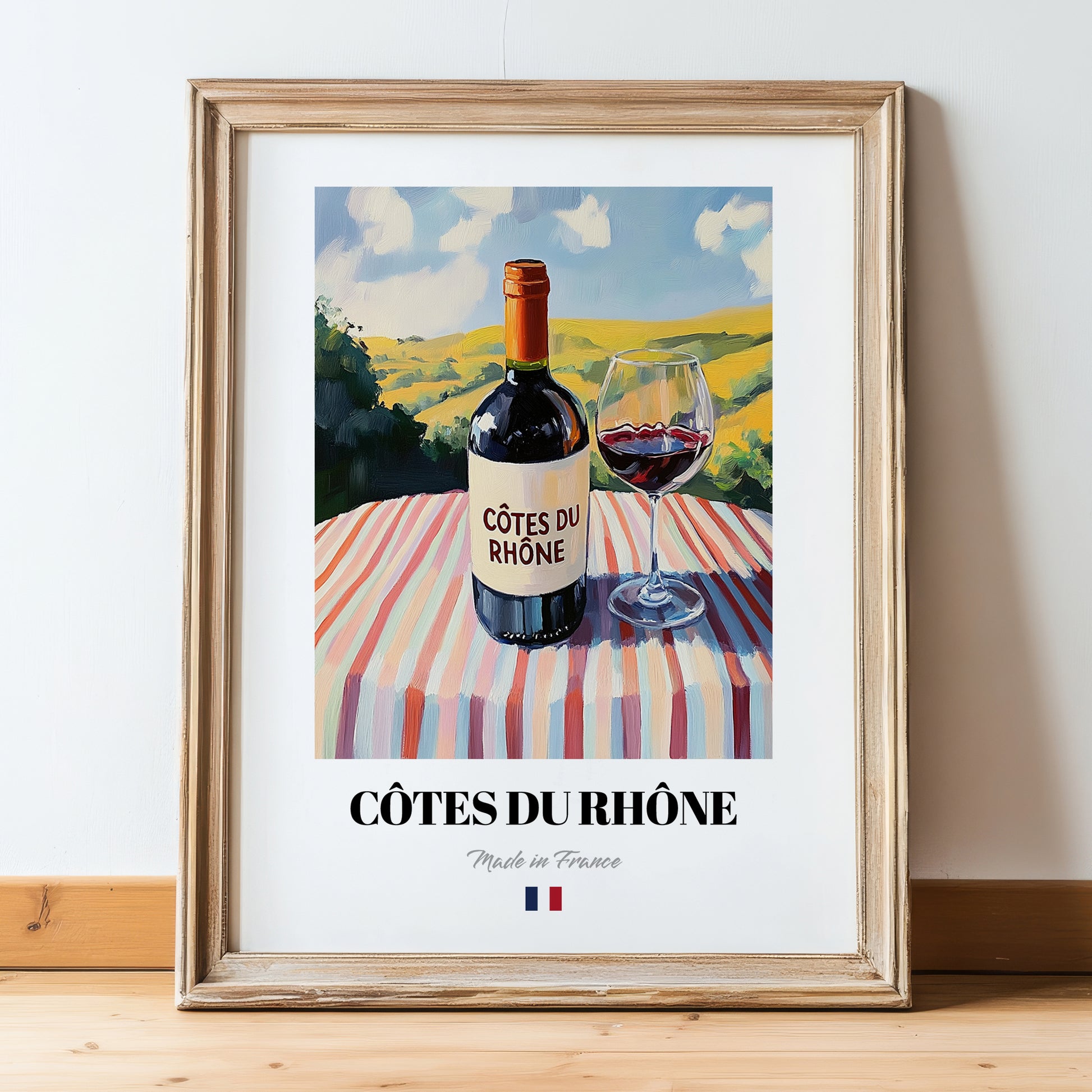 Côtes du Rhône – French Red Wine, Vinoteca Poster, in wooden frame leaning on the floor