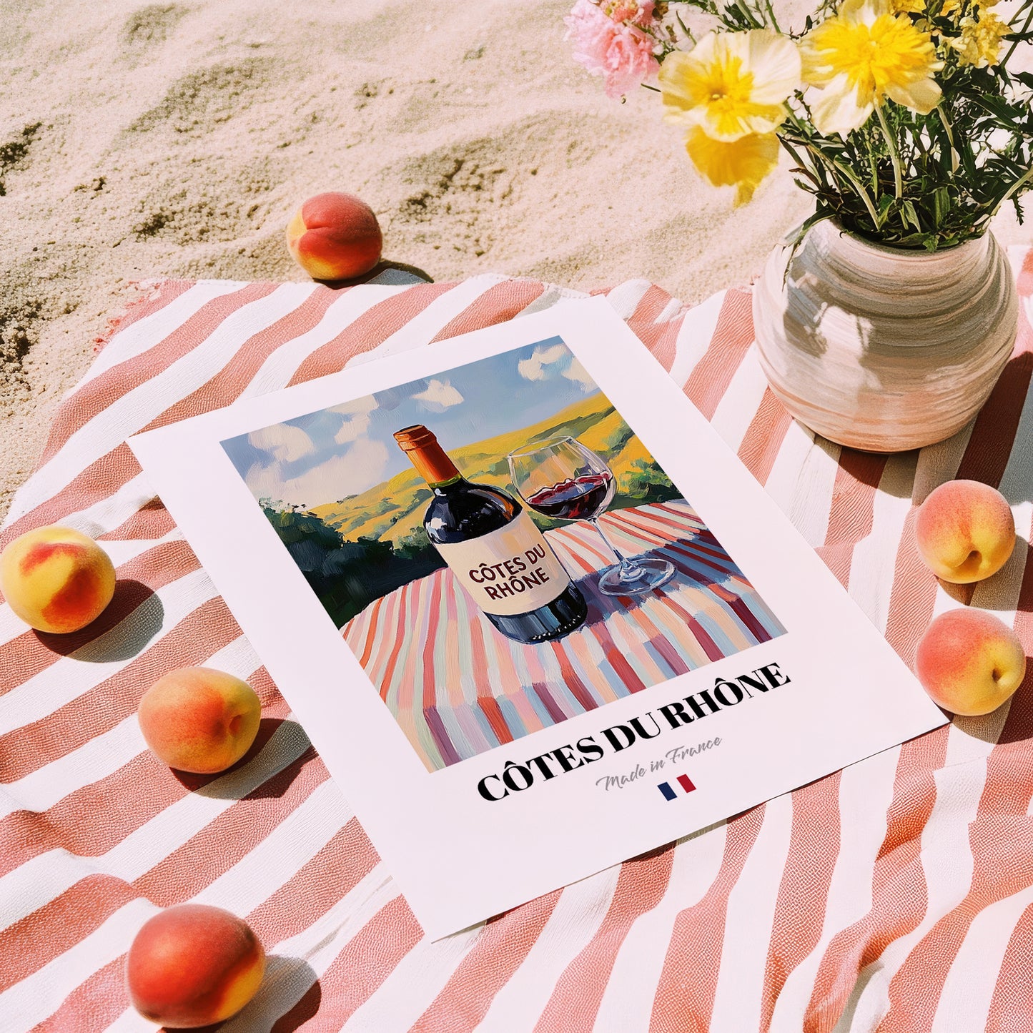 Côtes du Rhône – French Red Wine, Vinoteca Poster, unframed on coastal sand