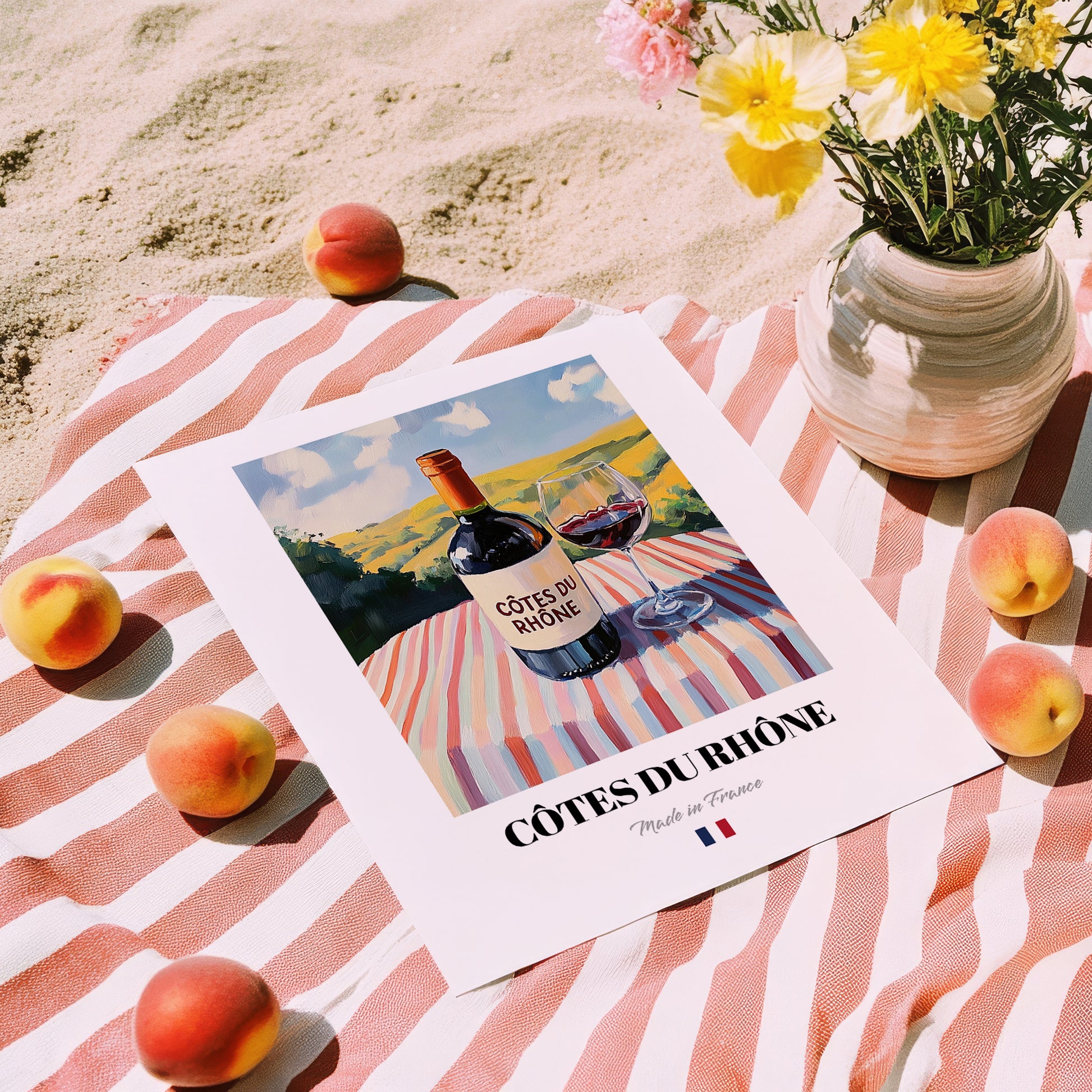 Côtes du Rhône – French Red Wine, Vinoteca Poster, unframed on coastal sand