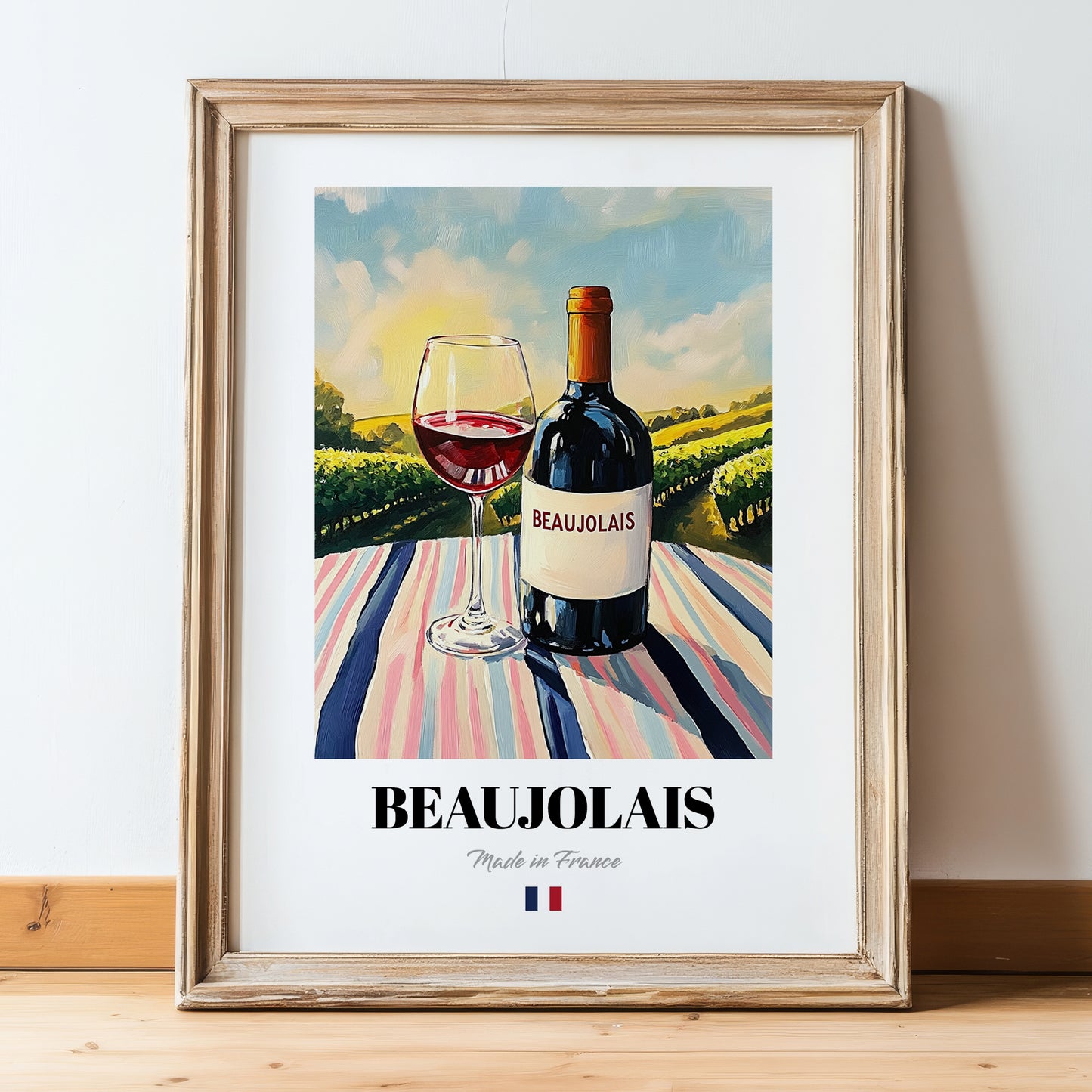 Beaujolais – French Red Wine, Vinoteca Wall Art, in wooden frame leaning on the floor
