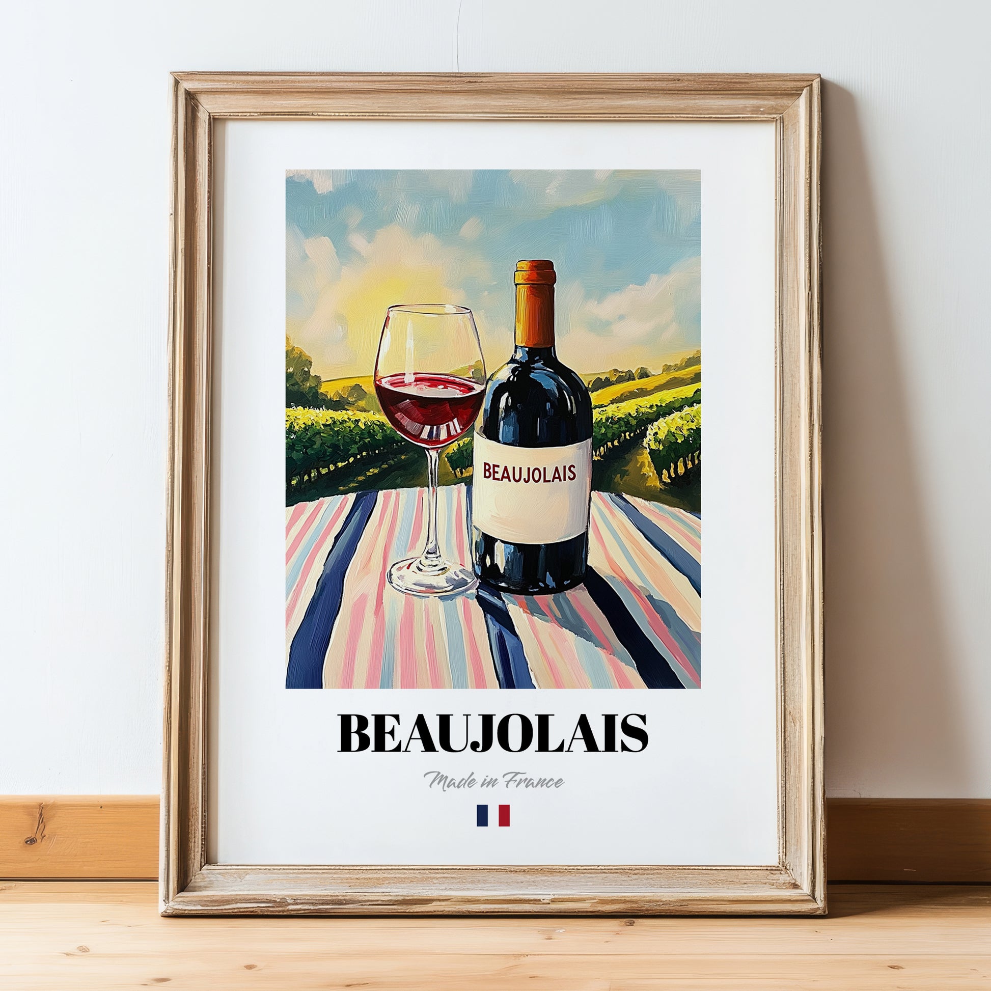 Beaujolais – French Red Wine, Vinoteca Wall Art, in wooden frame leaning on the floor