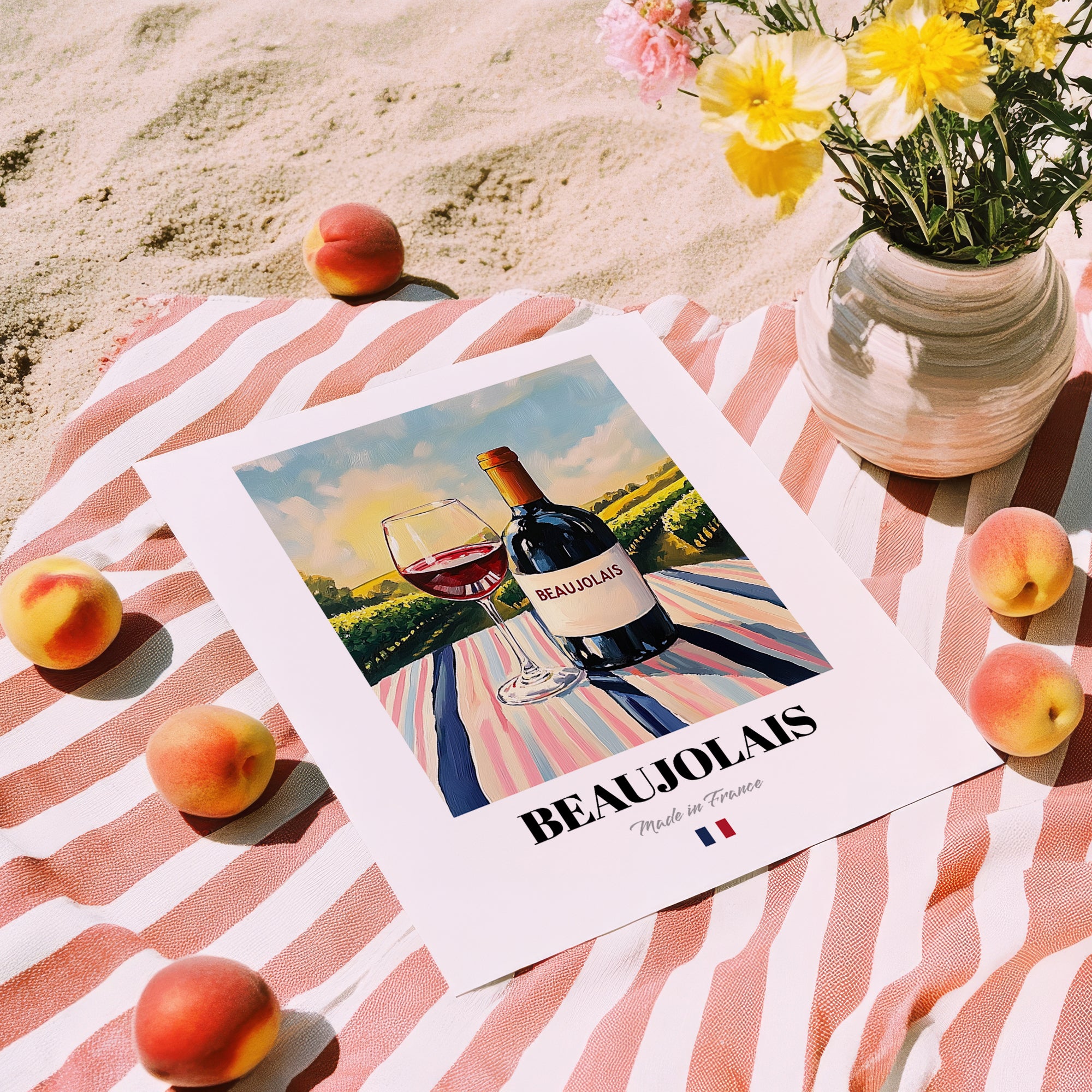 Beaujolais – French Red Wine, Vinoteca Wall Art, unframed on coastal sand