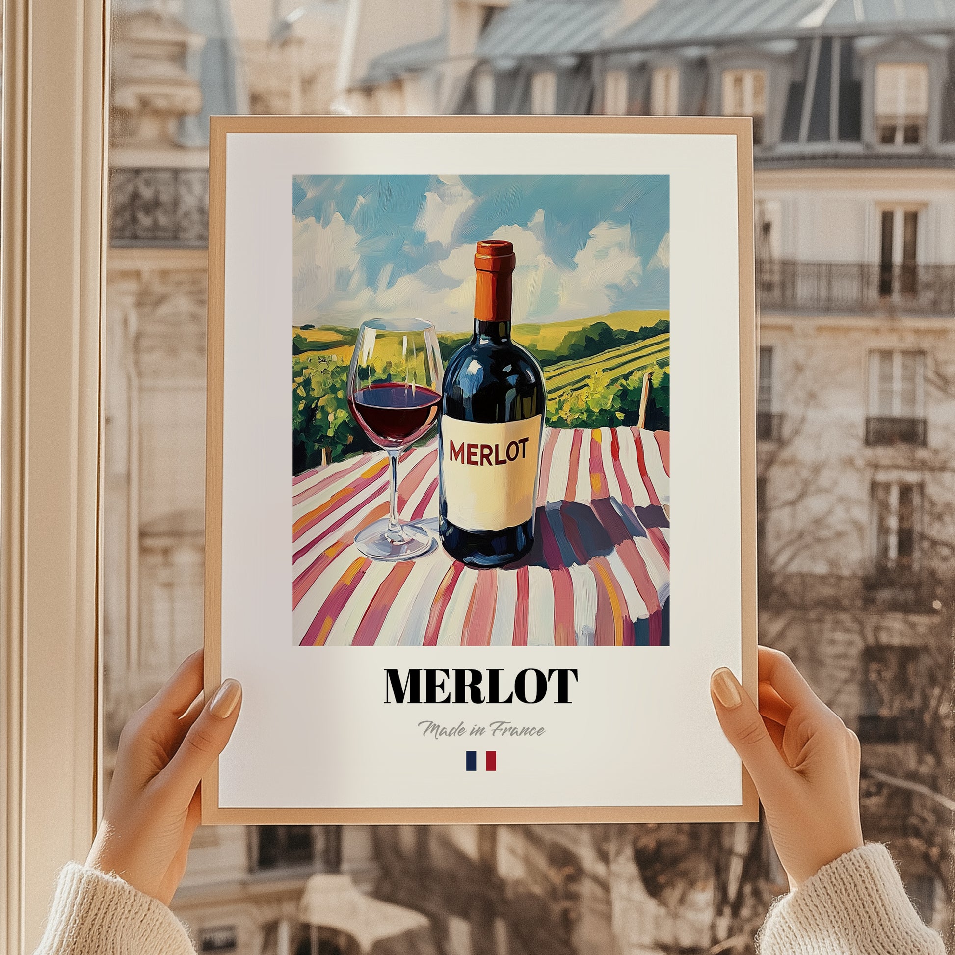 Merlot – French Red Wine, Bodega Print, styled in a charming Paris street view