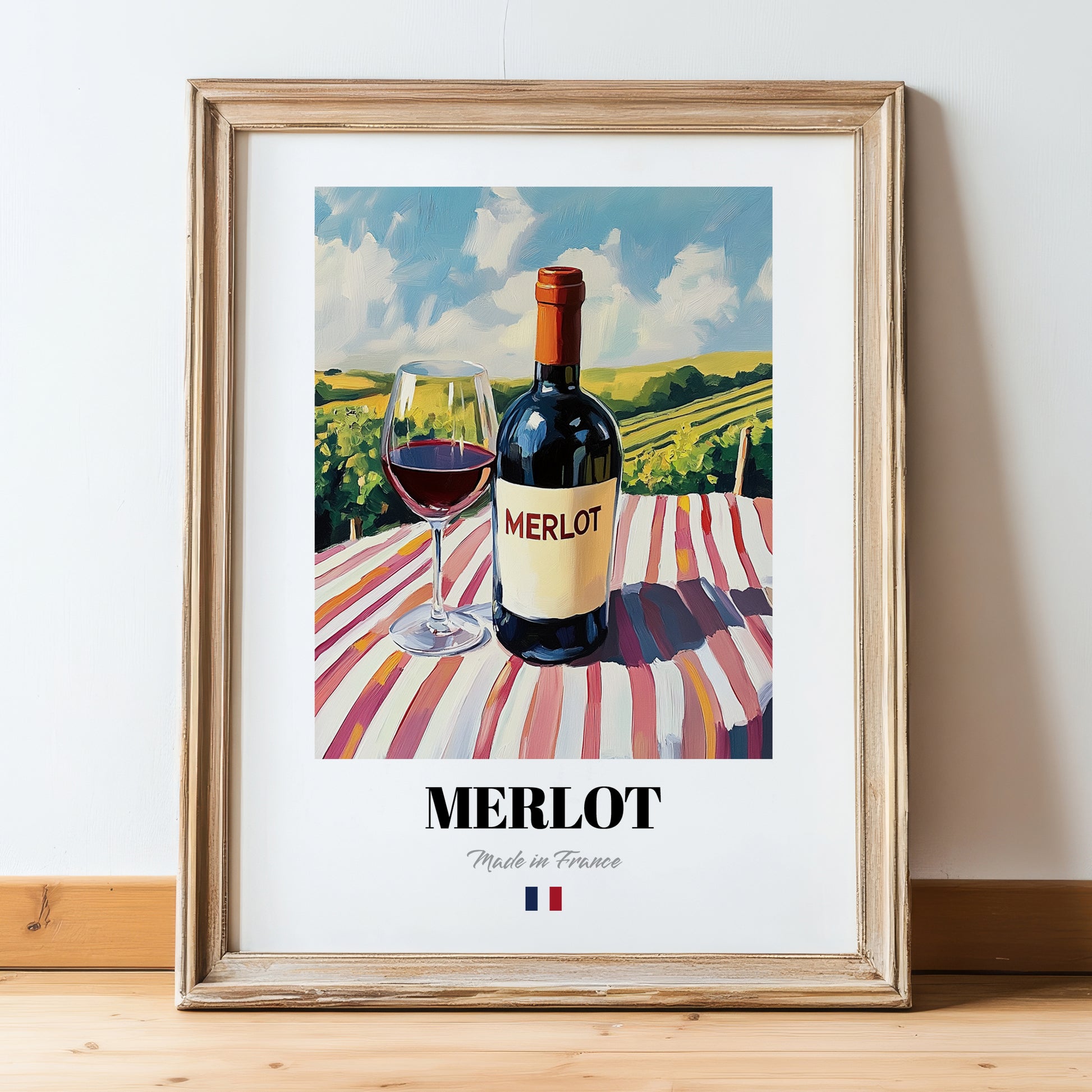 Merlot – French Red Wine, Bodega Print, in wooden frame leaning on the floor