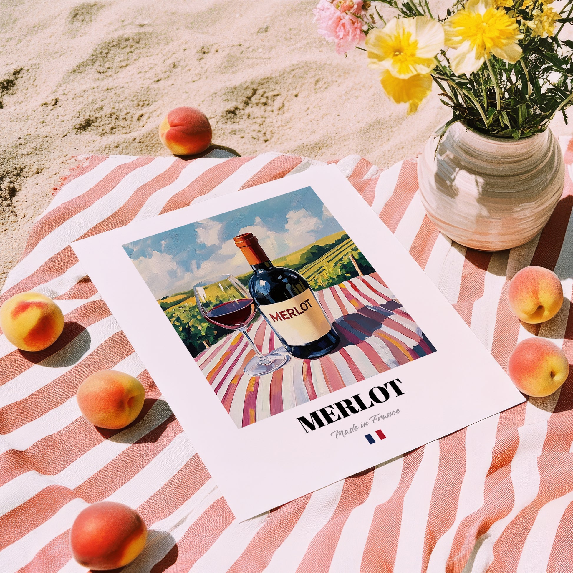 Merlot – French Red Wine, Bodega Print, unframed on coastal sand