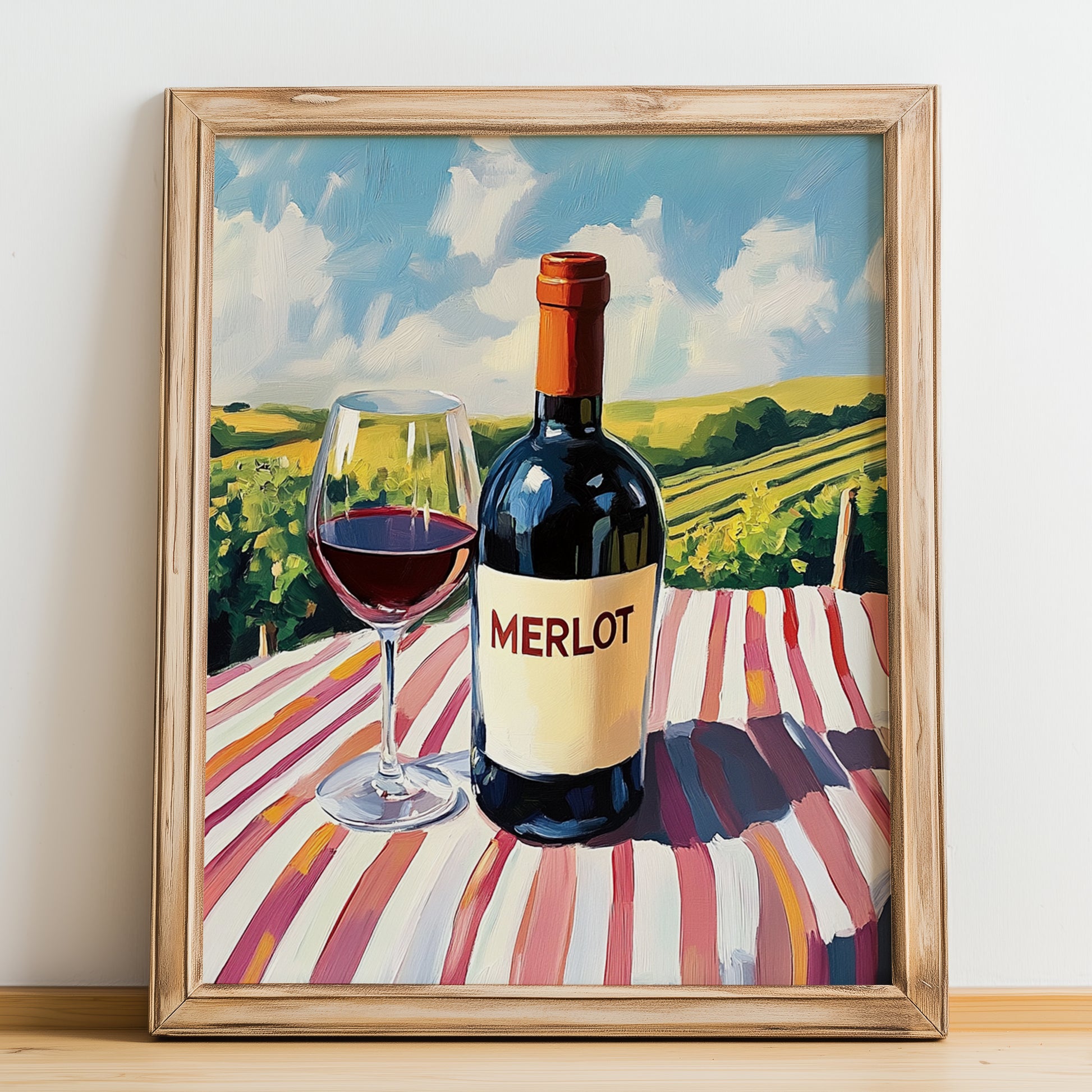 Merlot – French Red Wine, Bodega Print, no-text version framed in wood