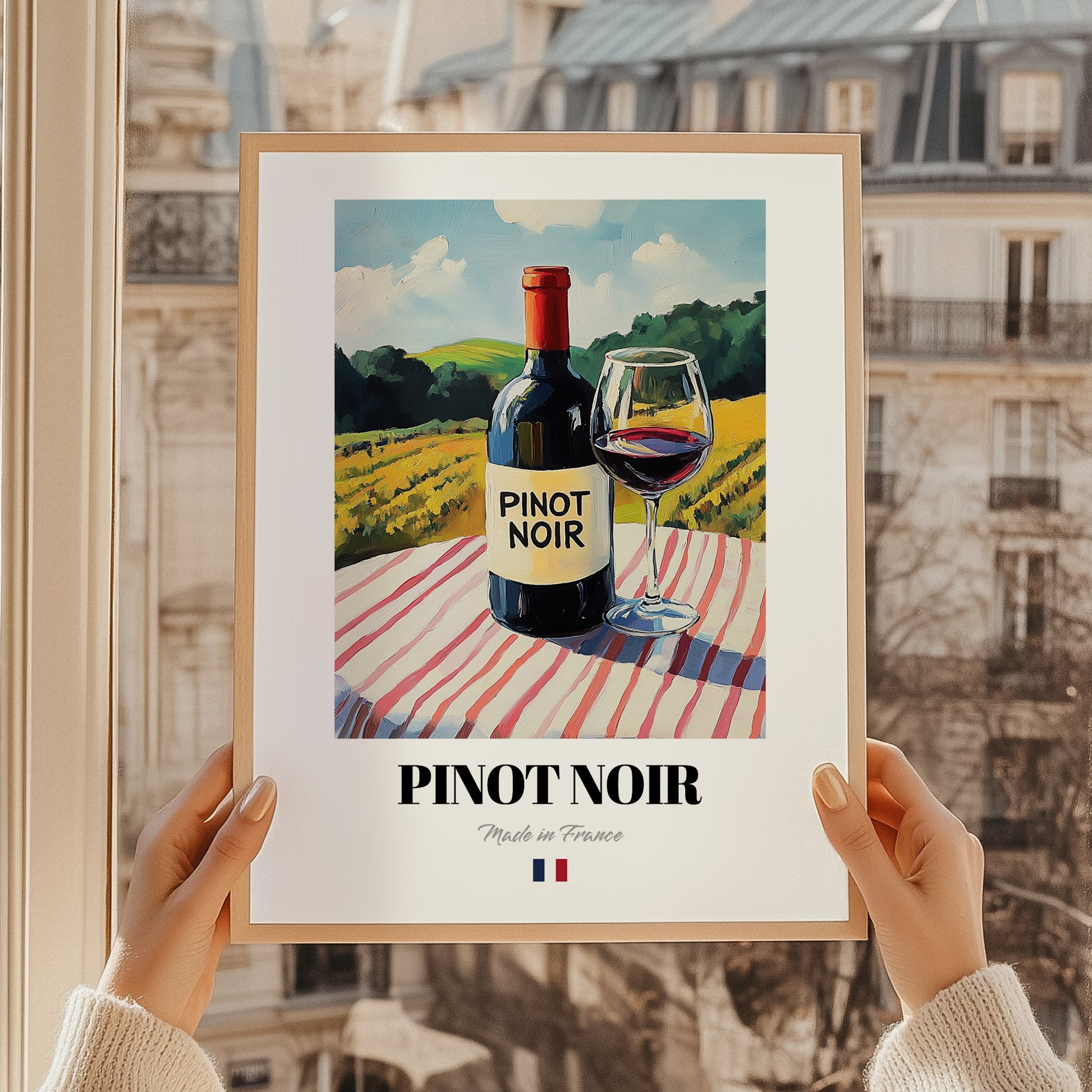 Pinot Noir – French Red Wine, Wine Bar Wall Art, styled in a charming Paris street view