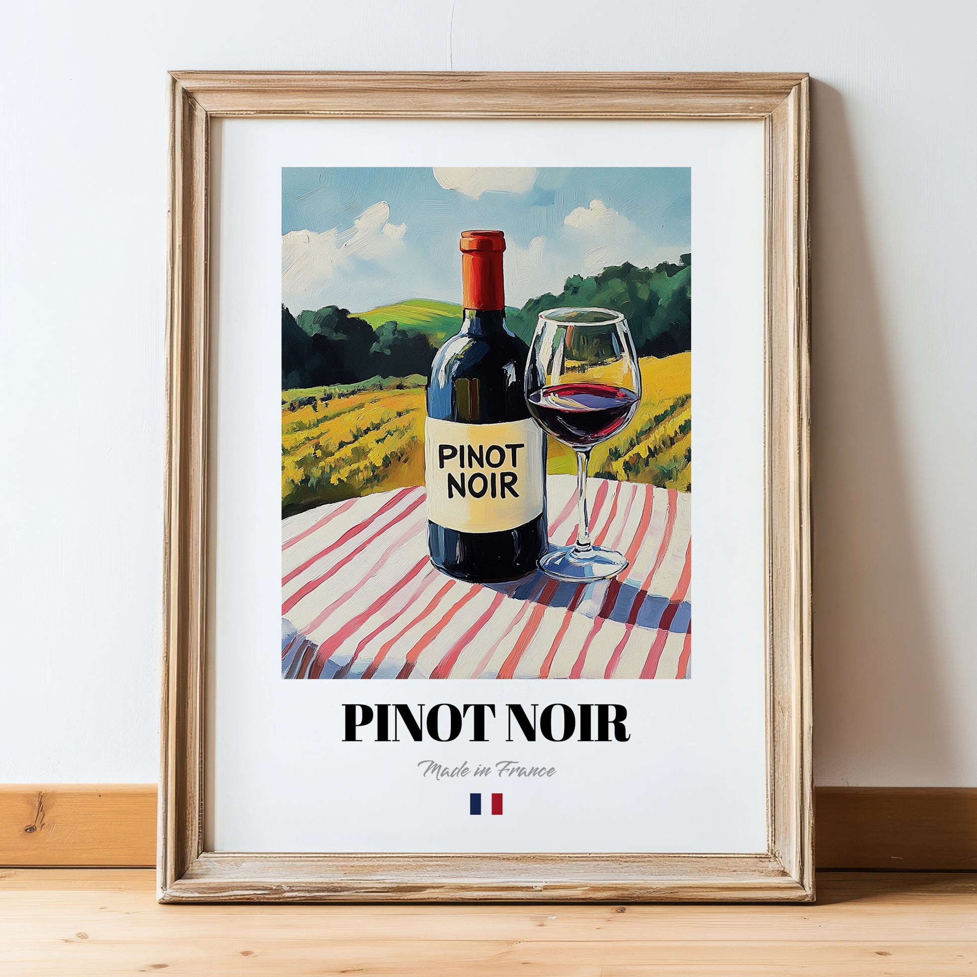 Pinot Noir – French Red Wine, Wine Bar Wall Art, in wooden frame leaning on the floor