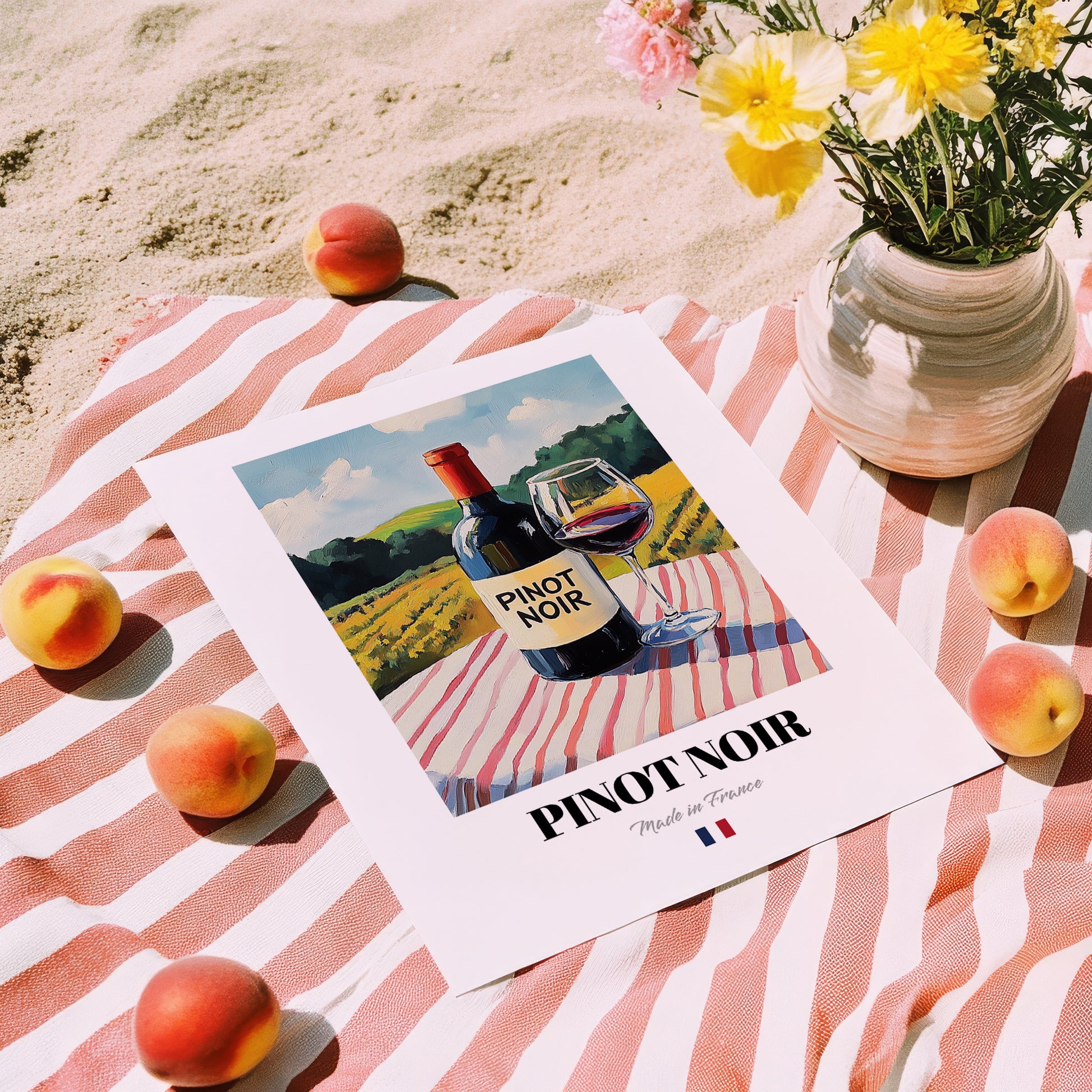 Pinot Noir – French Red Wine, Wine Bar Wall Art, unframed on coastal sand