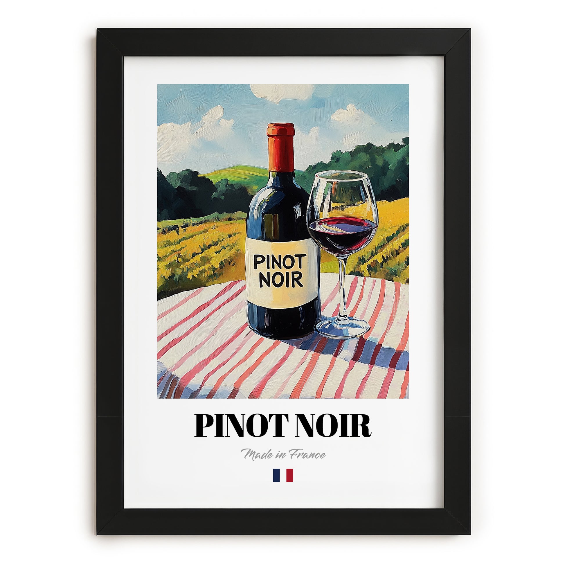 Pinot Noir – French Red Wine, Wine Bar Wall Art, in sleek black frame