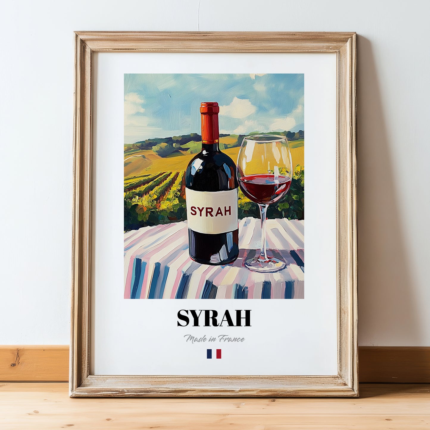Syrah – French Red Wine, Vinoteca Poster, in wooden frame leaning on the floor