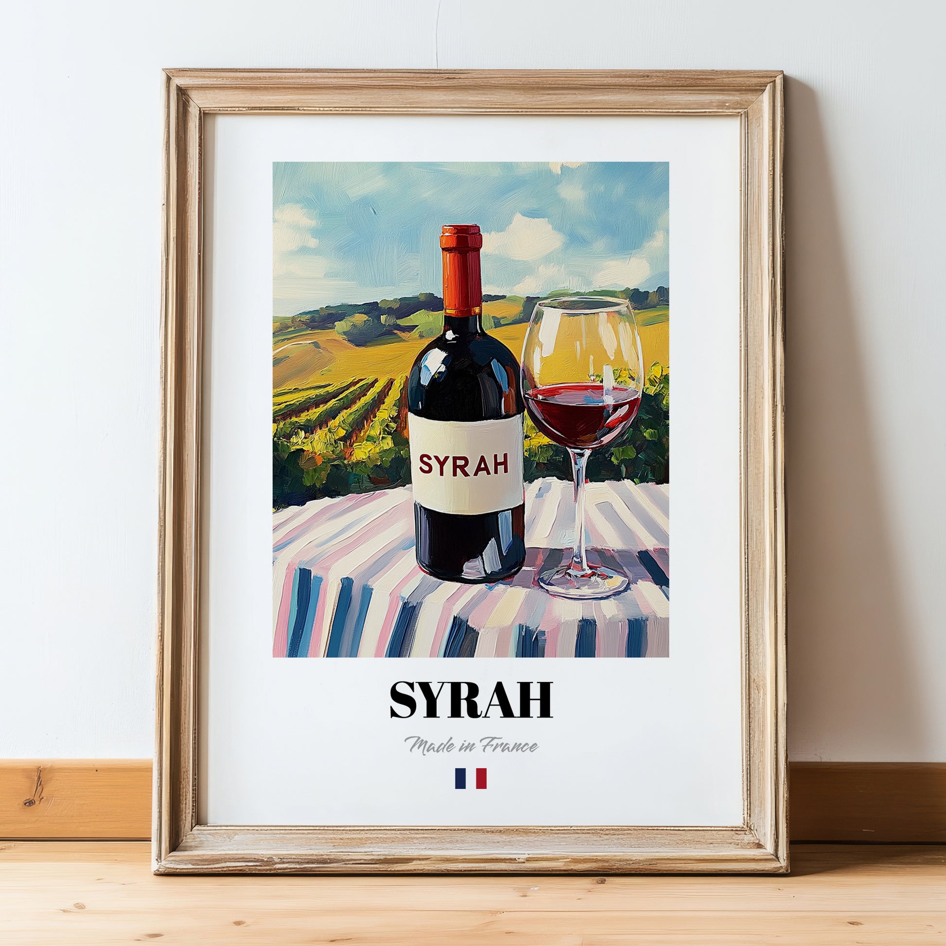 Syrah – French Red Wine, Vinoteca Poster, in wooden frame leaning on the floor