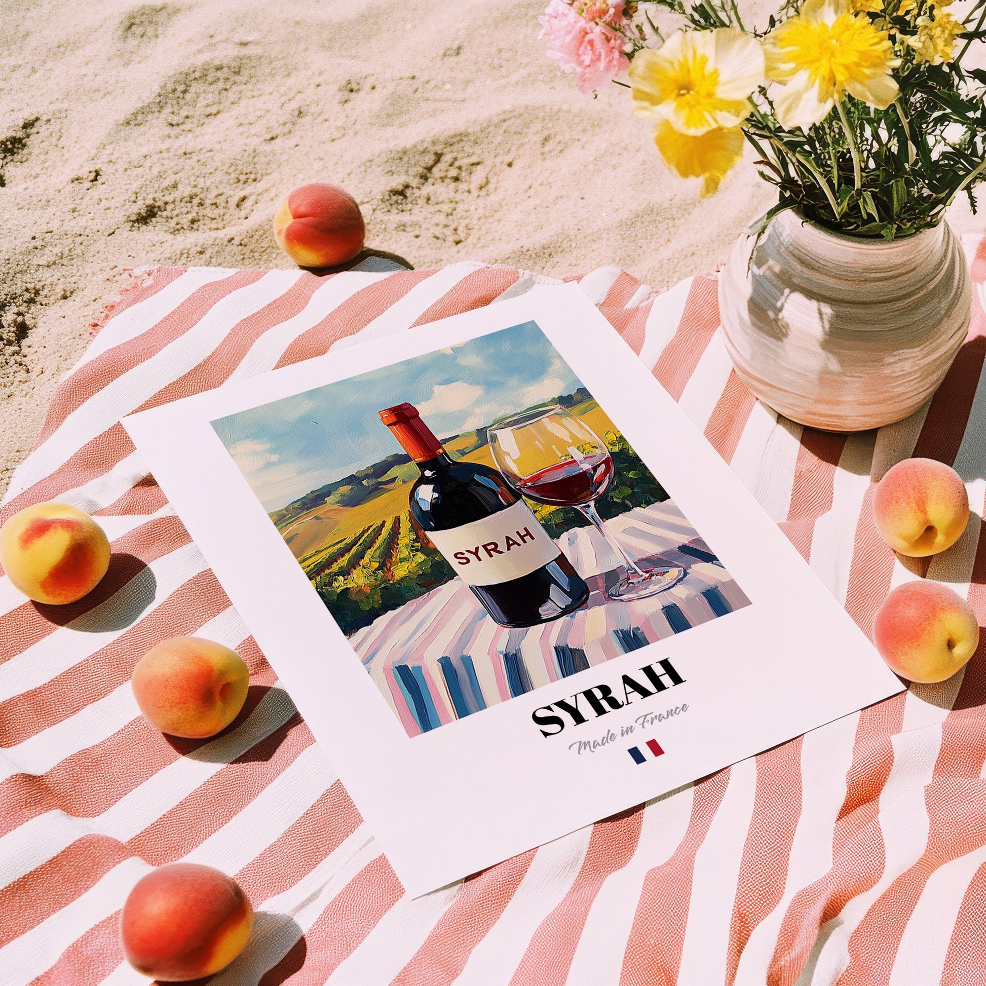 Syrah – French Red Wine, Vinoteca Poster, unframed on coastal sand