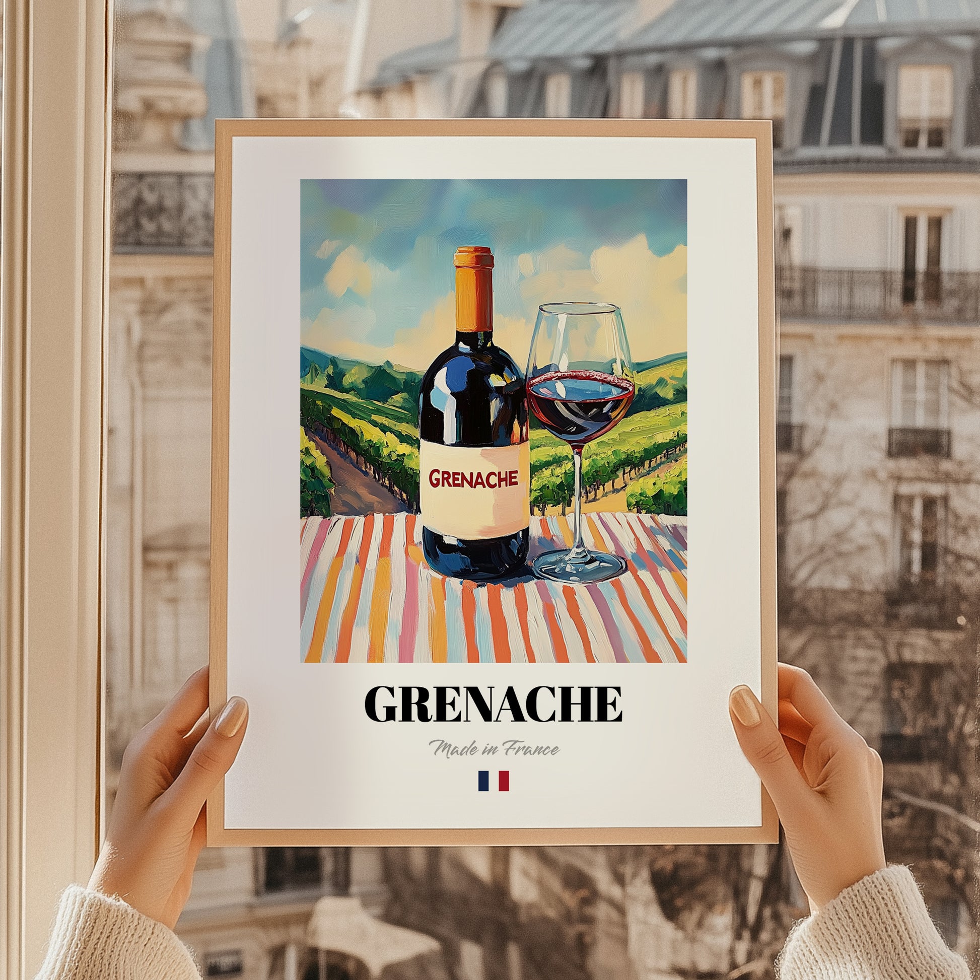 Grenache – French Red Wine, Vineyard Terrace Wall Art, styled in a charming Paris street view