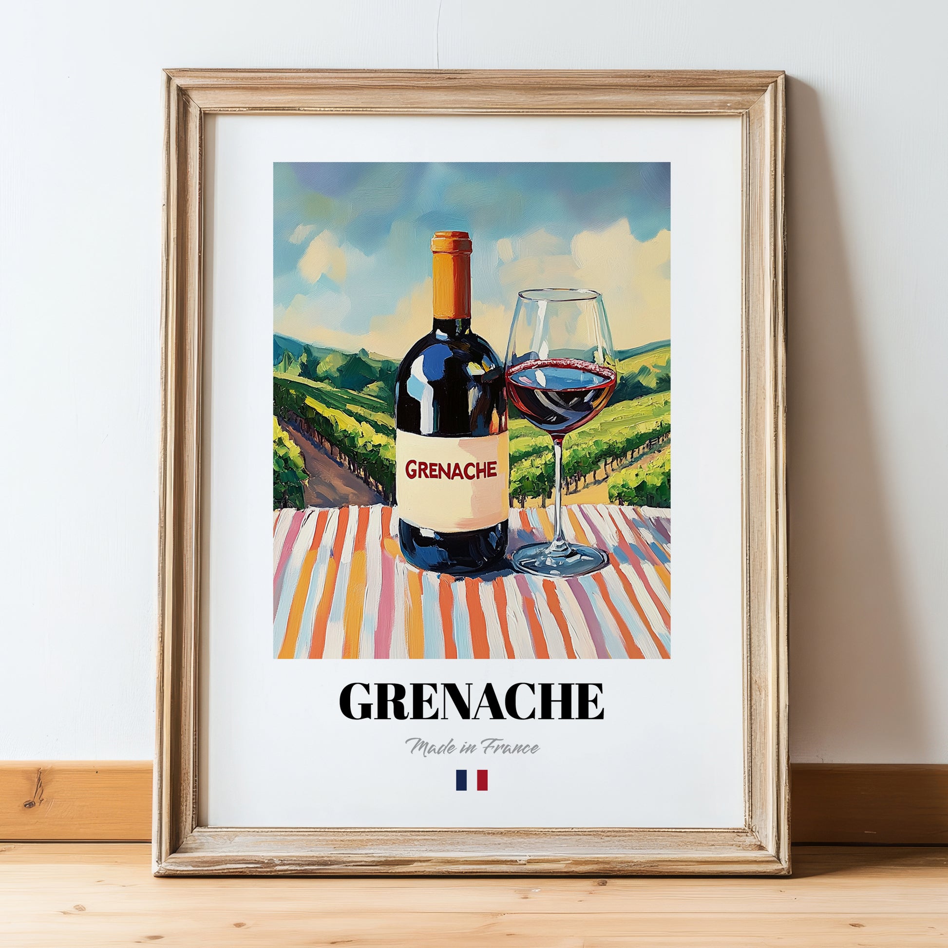 Grenache – French Red Wine, Vineyard Terrace Wall Art, in wooden frame leaning on the floor