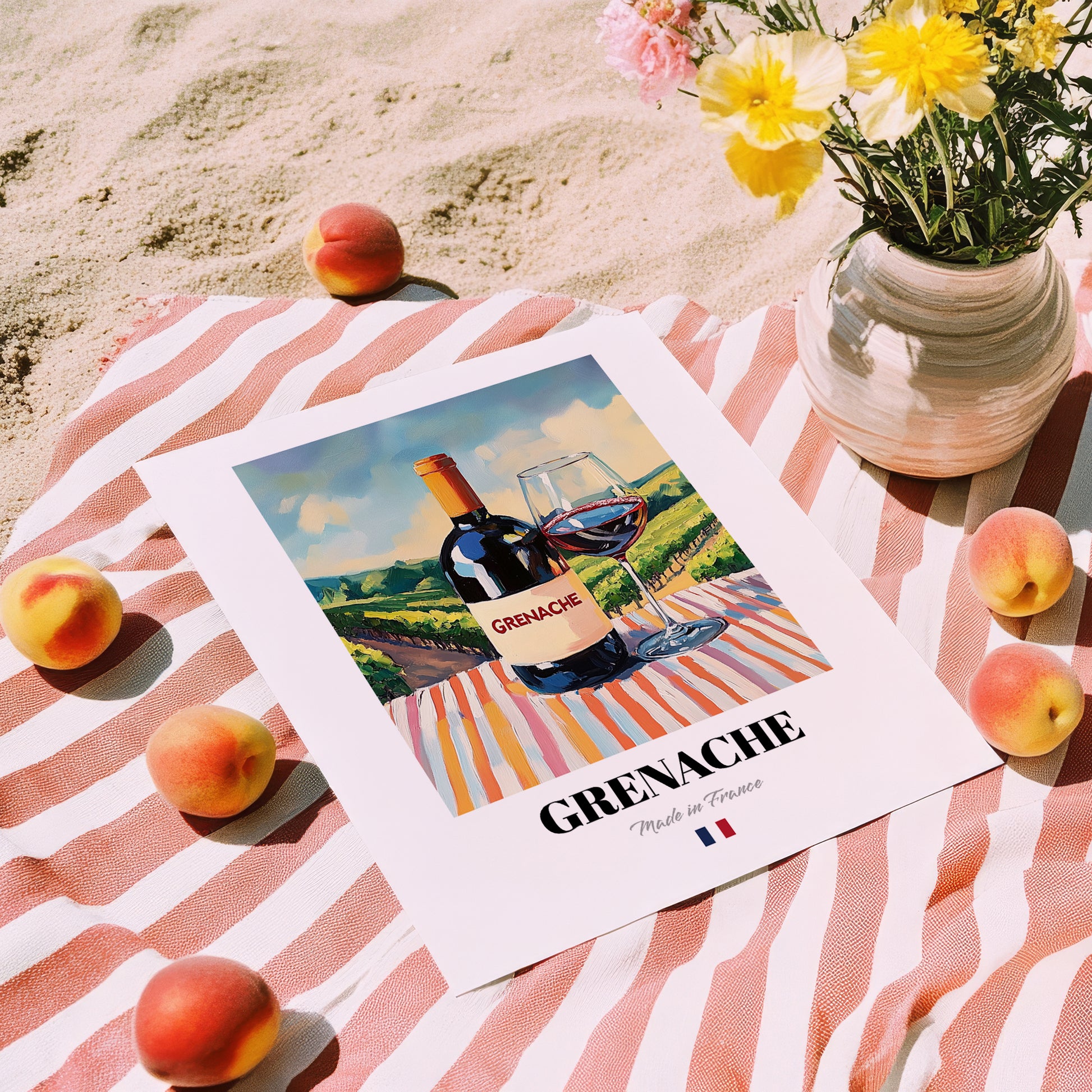 Grenache – French Red Wine, Vineyard Terrace Wall Art, unframed on coastal sand
