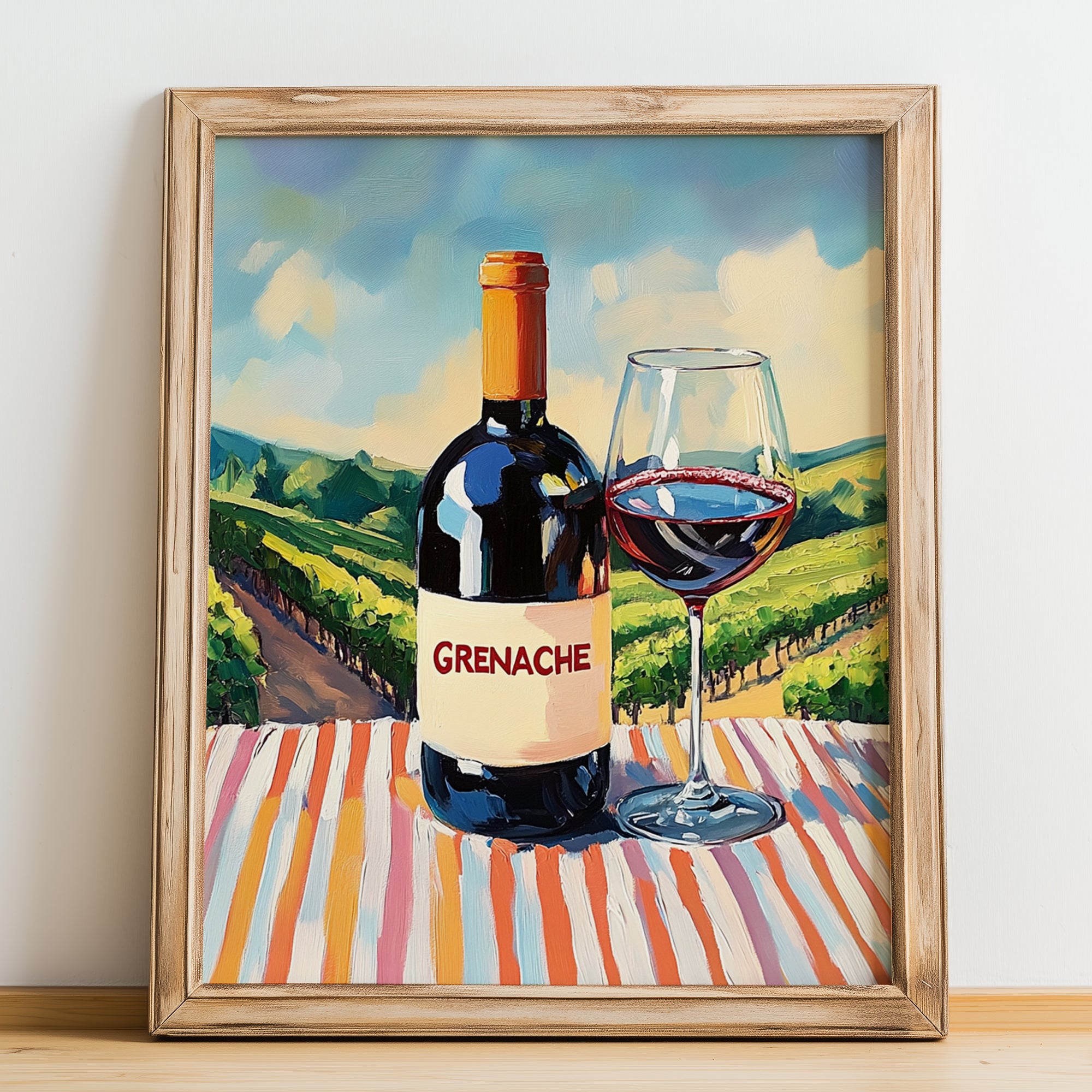 Grenache – French Red Wine, Vineyard Terrace Wall Art, no-text version framed in wood