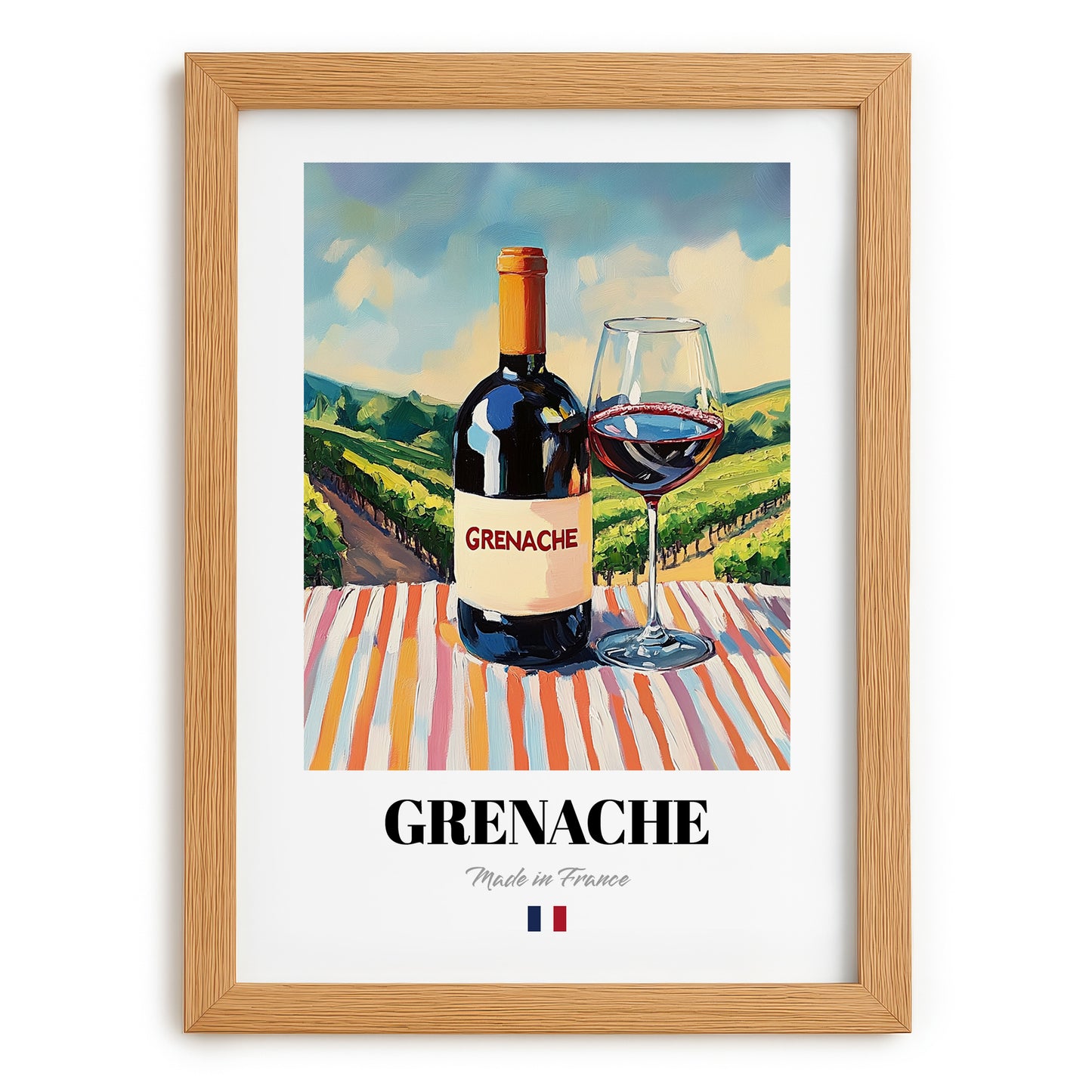 Grenache – French Red Wine, Vineyard Terrace Wall Art, set in oak frame